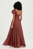 One Shoulder Flutter Sleeves Chiffon Bridesmaid Dress Plus Size Formal Evening Dresses