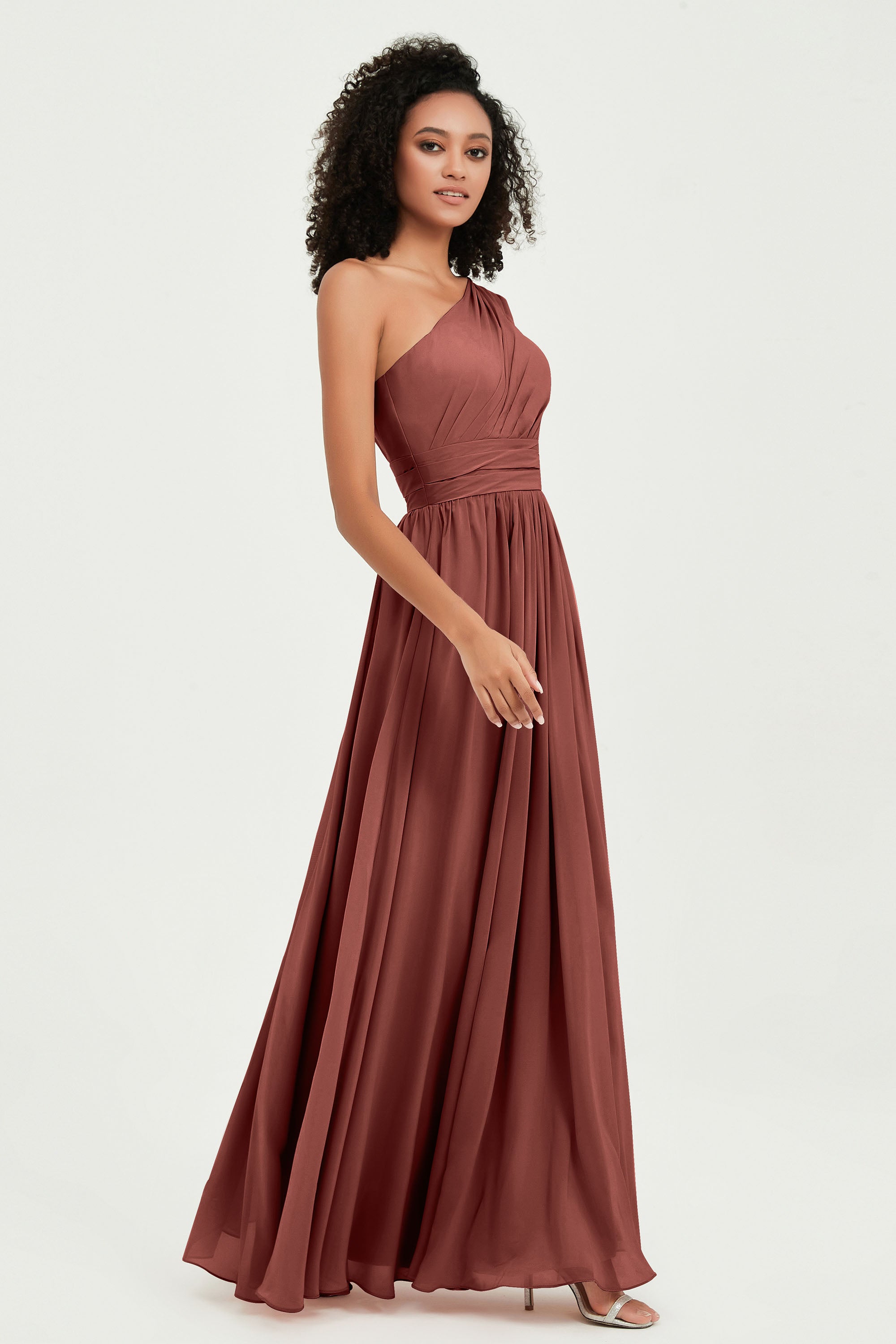 One Shoulder Flutter Sleeves Chiffon Bridesmaid Dress Plus Size Formal Evening Dresses