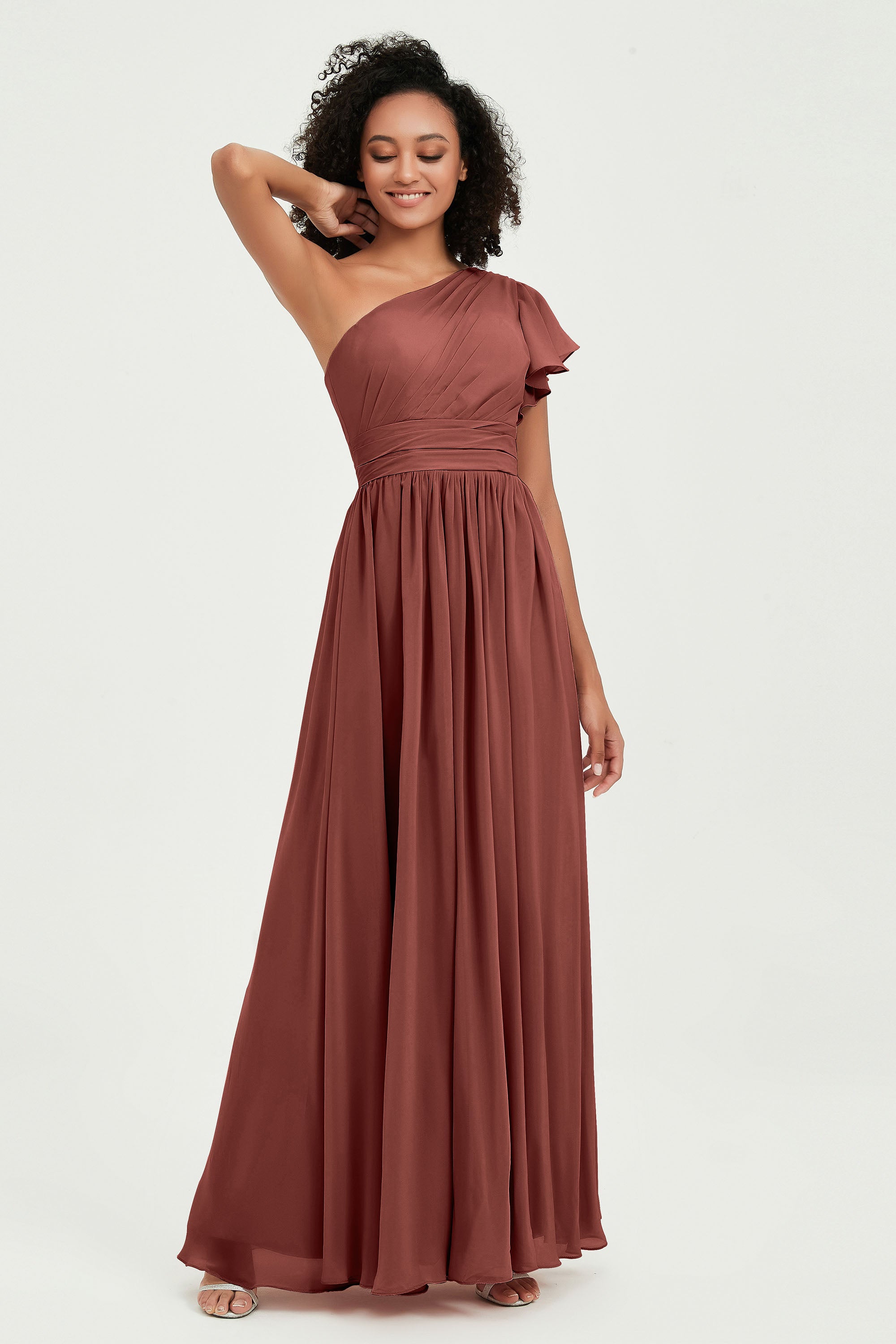 One Shoulder Flutter Sleeves Chiffon Bridesmaid Dress Plus Size Formal Evening Dresses