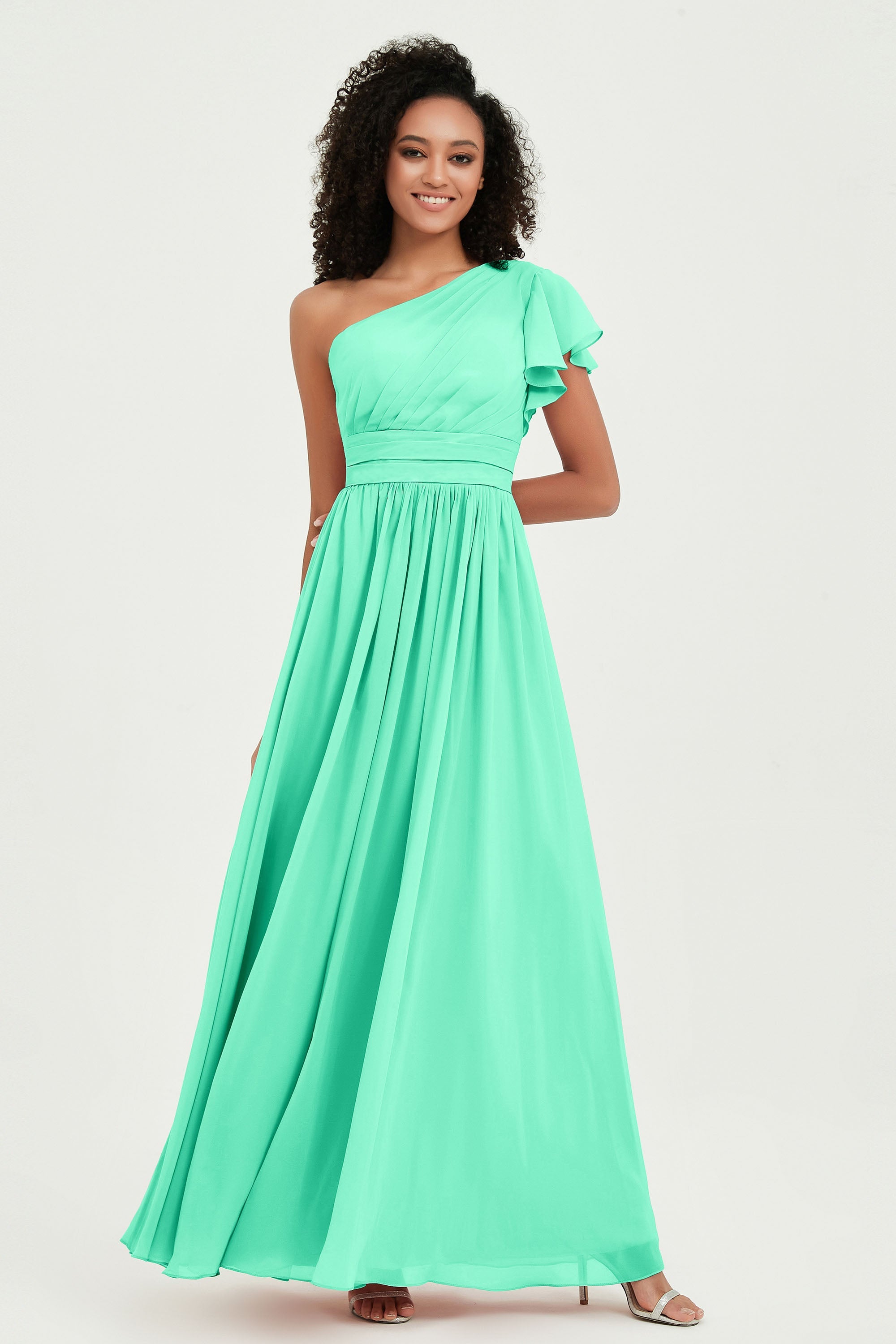 One Shoulder Flutter Sleeves Chiffon Bridesmaid Dress Plus Size Formal Evening Dresses