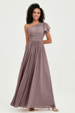One Shoulder Flutter Sleeves Chiffon Bridesmaid Dress Plus Size Formal Evening Dresses