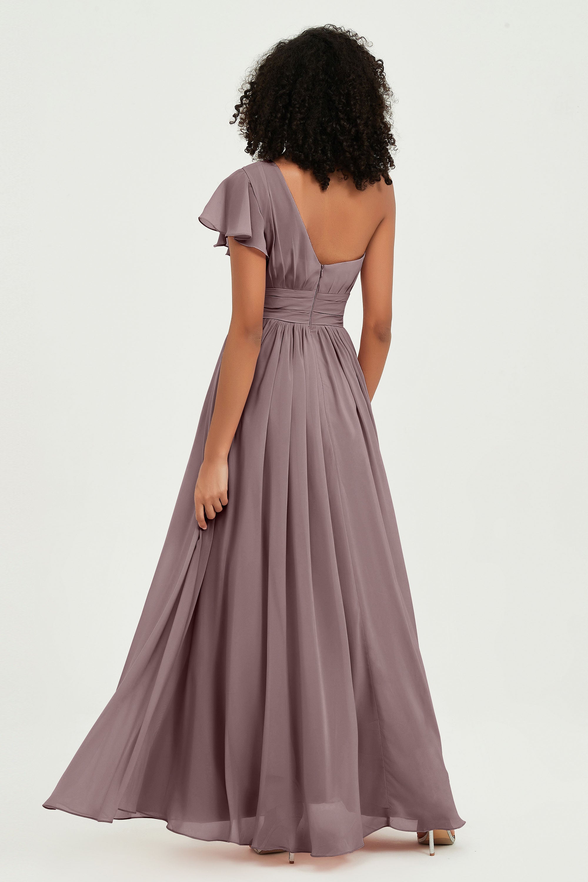 One Shoulder Flutter Sleeves Chiffon Bridesmaid Dress Plus Size Formal Evening Dresses