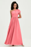 One Shoulder Flutter Sleeves Chiffon Bridesmaid Dress Plus Size Formal Evening Dresses