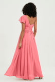 One Shoulder Flutter Sleeves Chiffon Bridesmaid Dress Plus Size Formal Evening Dresses