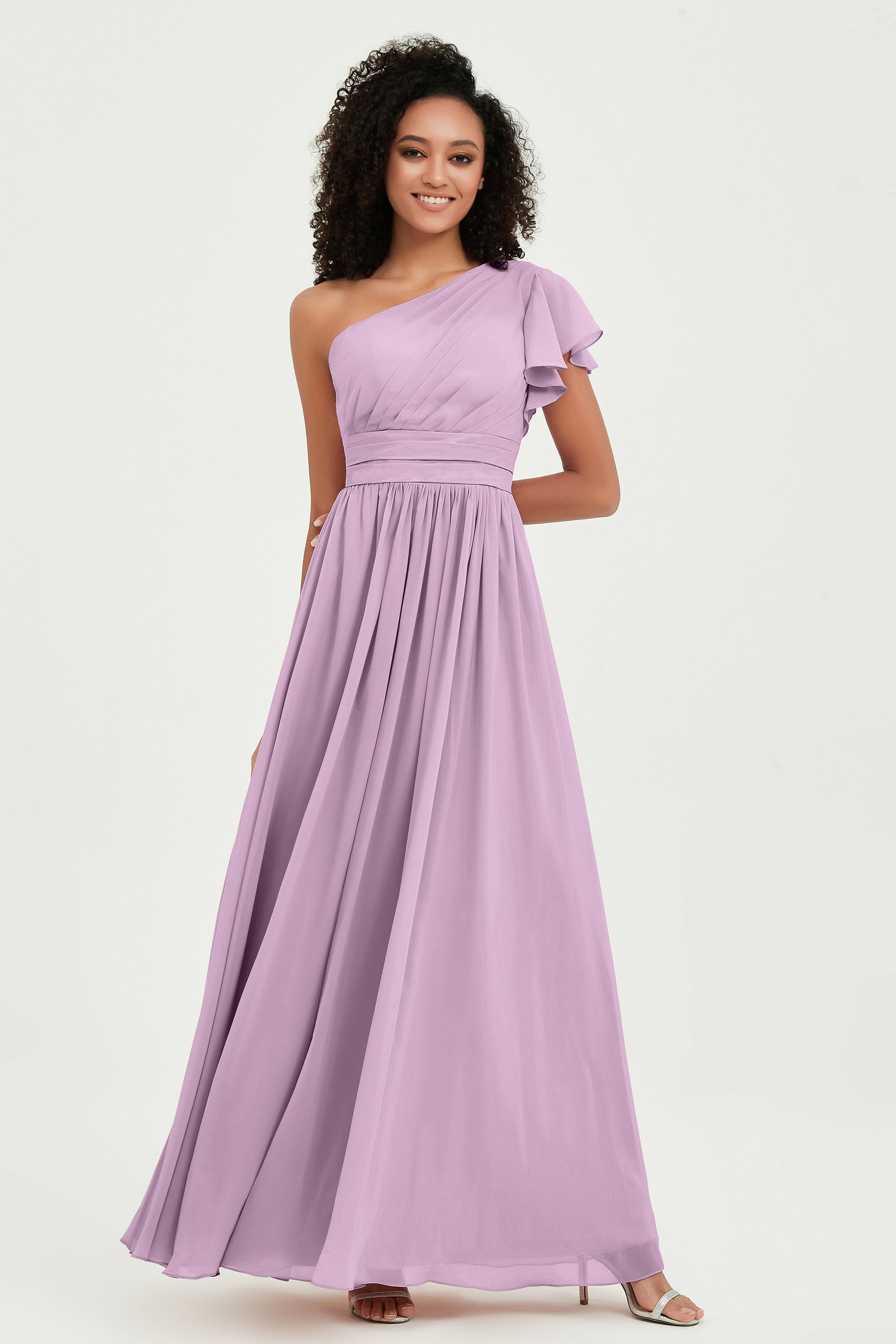 One Shoulder Flutter Sleeves Chiffon Bridesmaid Dress Plus Size Formal Evening Dresses