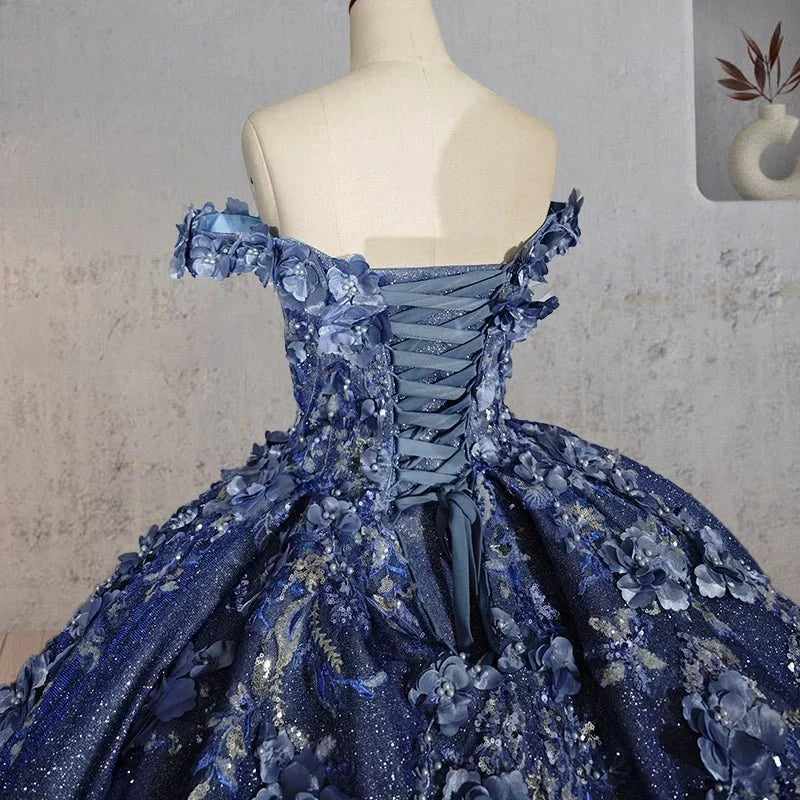 Sweetheart A Line Off-the-shoulder Quinceanera Dresses with 3D Flower and Pearls