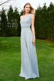 One Shoulder Sleeveless Lace Formal Evening Dresses Sash Ruched Bridesmaid Party Gowns