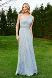 One Shoulder Sleeveless Lace Formal Evening Dresses Sash Ruched Bridesmaid Party Gowns