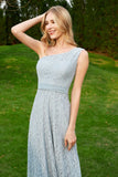 One Shoulder Sleeveless Lace Formal Evening Dresses Sash Ruched Bridesmaid Party Gowns