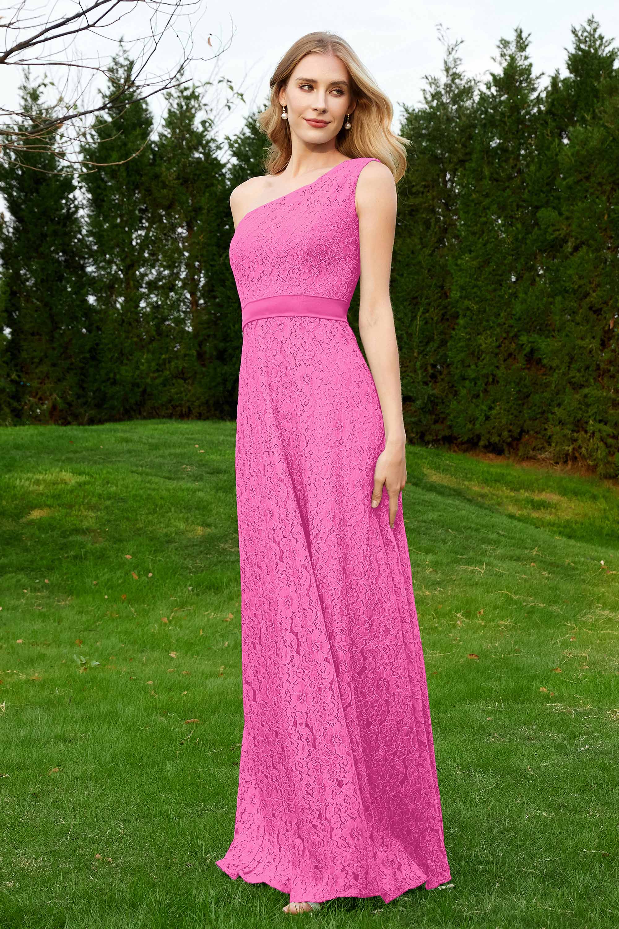 One Shoulder Sleeveless Lace Formal Evening Dresses Sash Ruched Bridesmaid Party Gowns