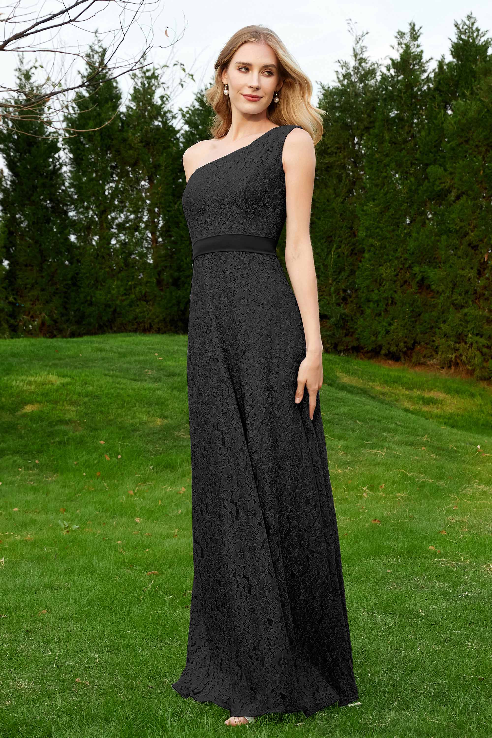 One Shoulder Sleeveless Lace Formal Evening Dresses Sash Ruched Bridesmaid Party Gowns