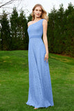 One Shoulder Sleeveless Lace Formal Evening Dresses Sash Ruched Bridesmaid Party Gowns