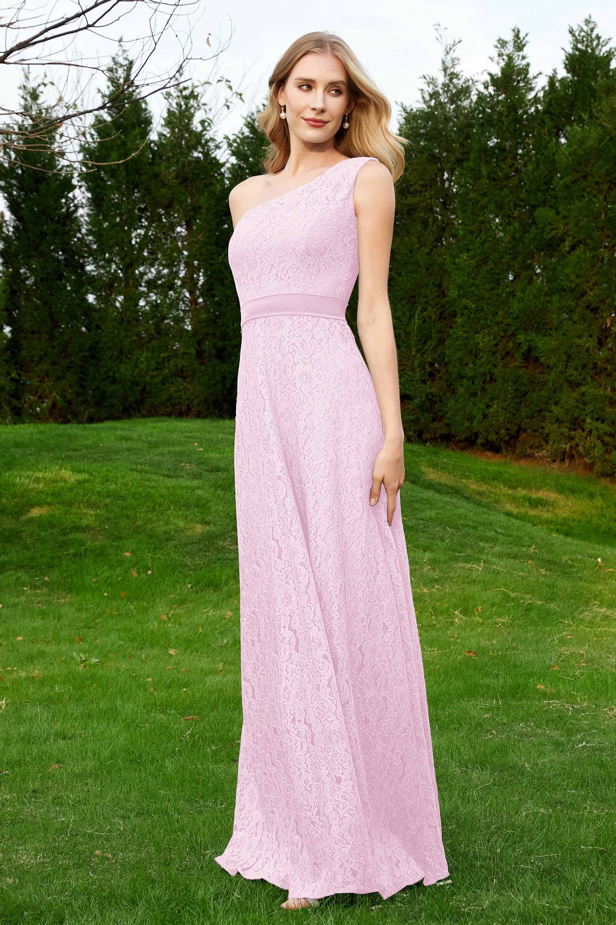 One Shoulder Sleeveless Lace Formal Evening Dresses Sash Ruched Bridesmaid Party Gowns