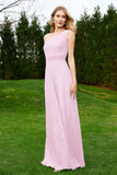 One Shoulder Sleeveless Lace Formal Evening Dresses Sash Ruched Bridesmaid Party Gowns