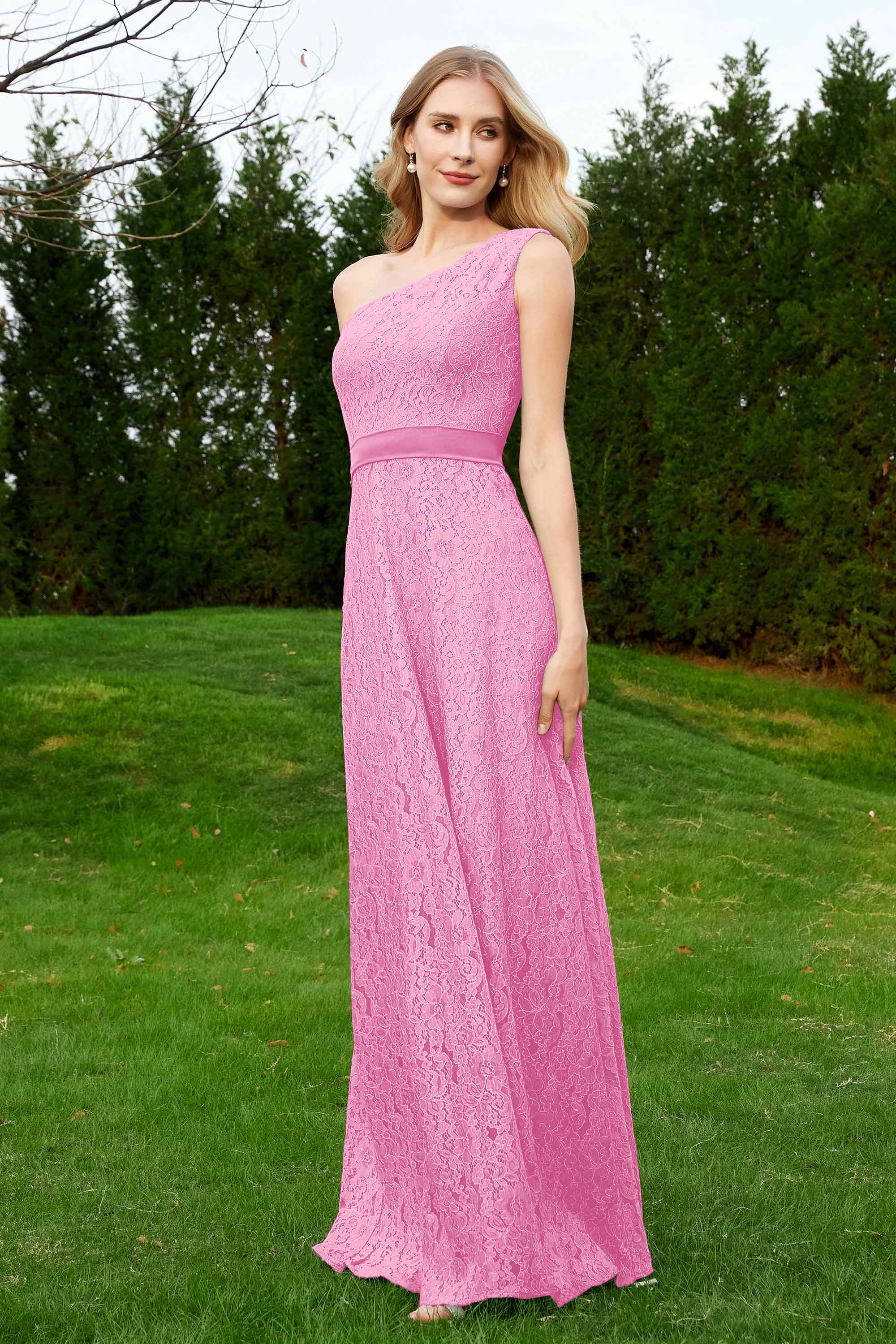 One Shoulder Sleeveless Lace Formal Evening Dresses Sash Ruched Bridesmaid Party Gowns