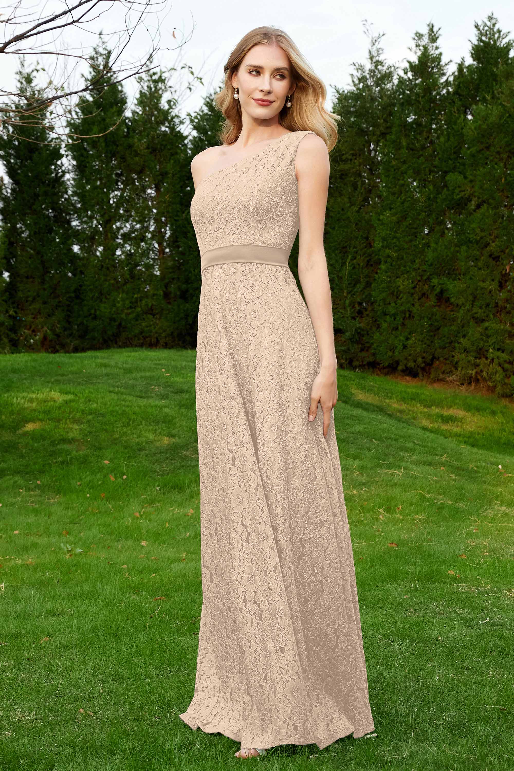 One Shoulder Sleeveless Lace Formal Evening Dresses Sash Ruched Bridesmaid Party Gowns