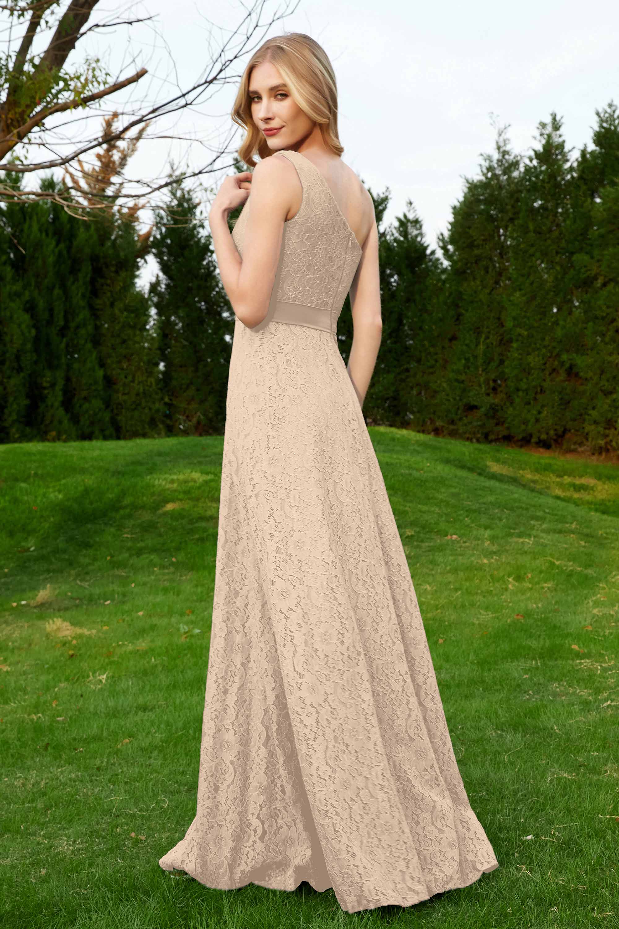 One Shoulder Sleeveless Lace Formal Evening Dresses Sash Ruched Bridesmaid Party Gowns