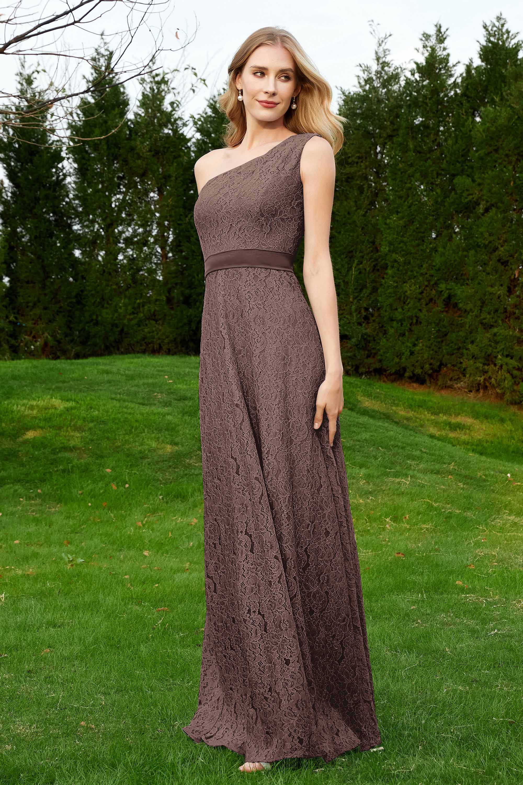 One Shoulder Sleeveless Lace Formal Evening Dresses Sash Ruched Bridesmaid Party Gowns