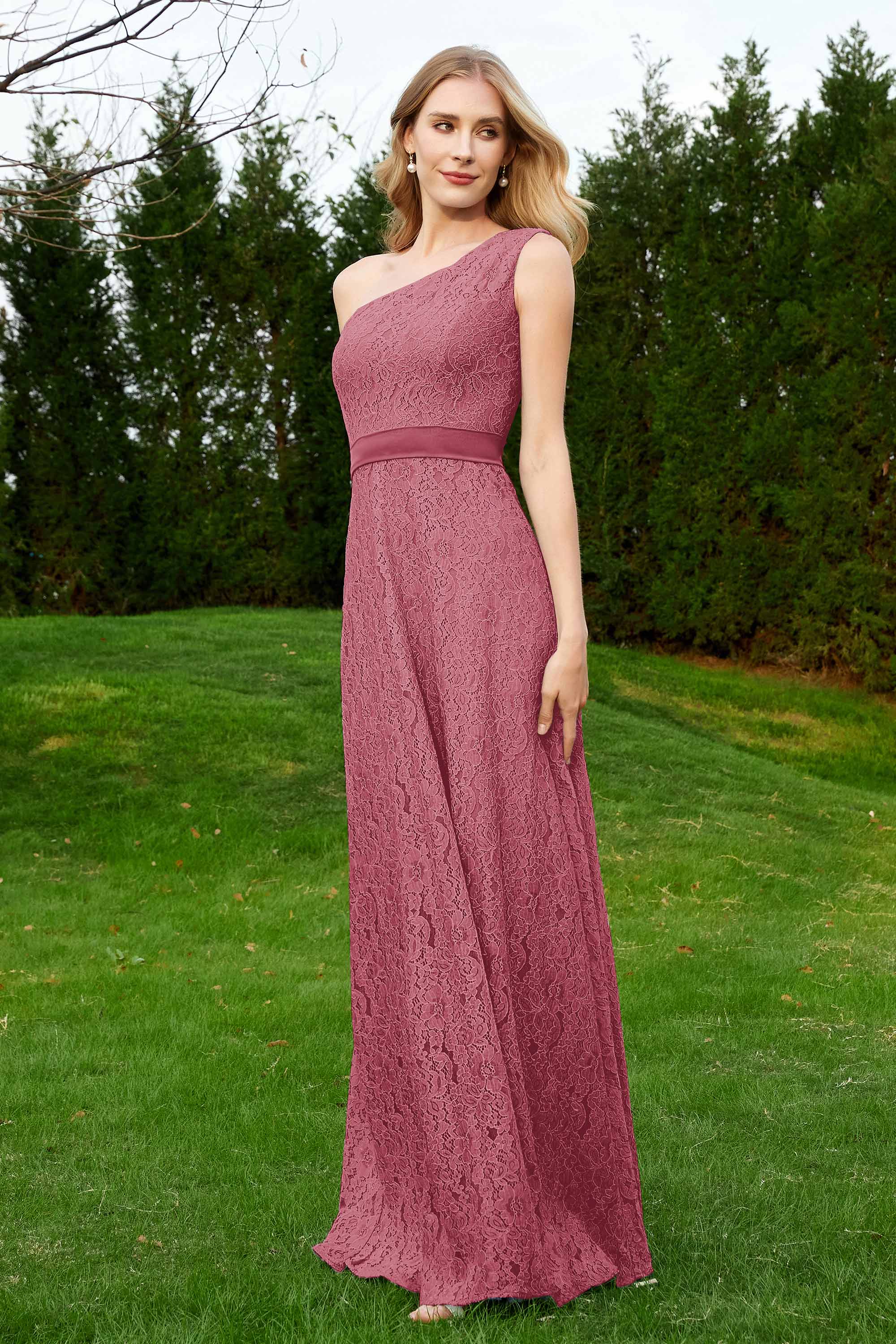 One Shoulder Sleeveless Lace Formal Evening Dresses Sash Ruched Bridesmaid Party Gowns