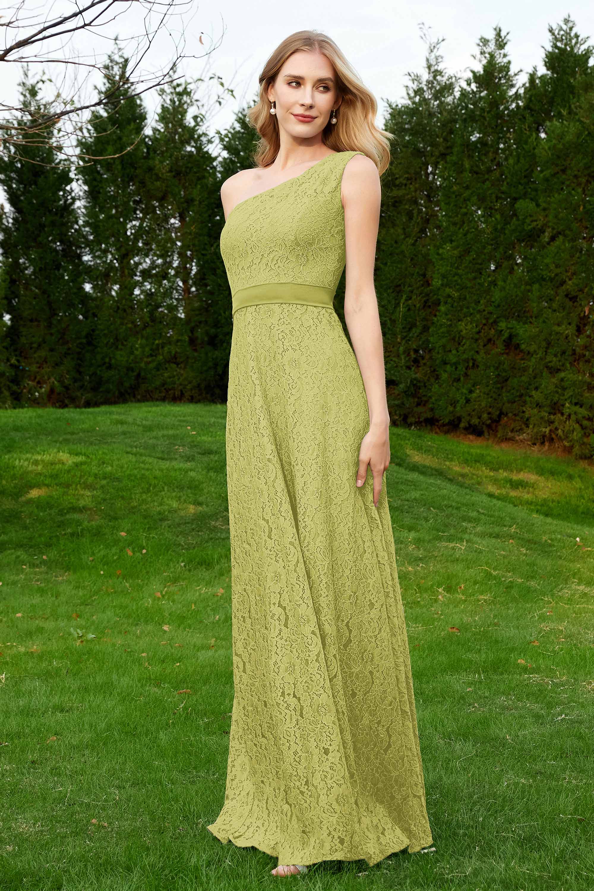 One Shoulder Sleeveless Lace Formal Evening Dresses Sash Ruched Bridesmaid Party Gowns