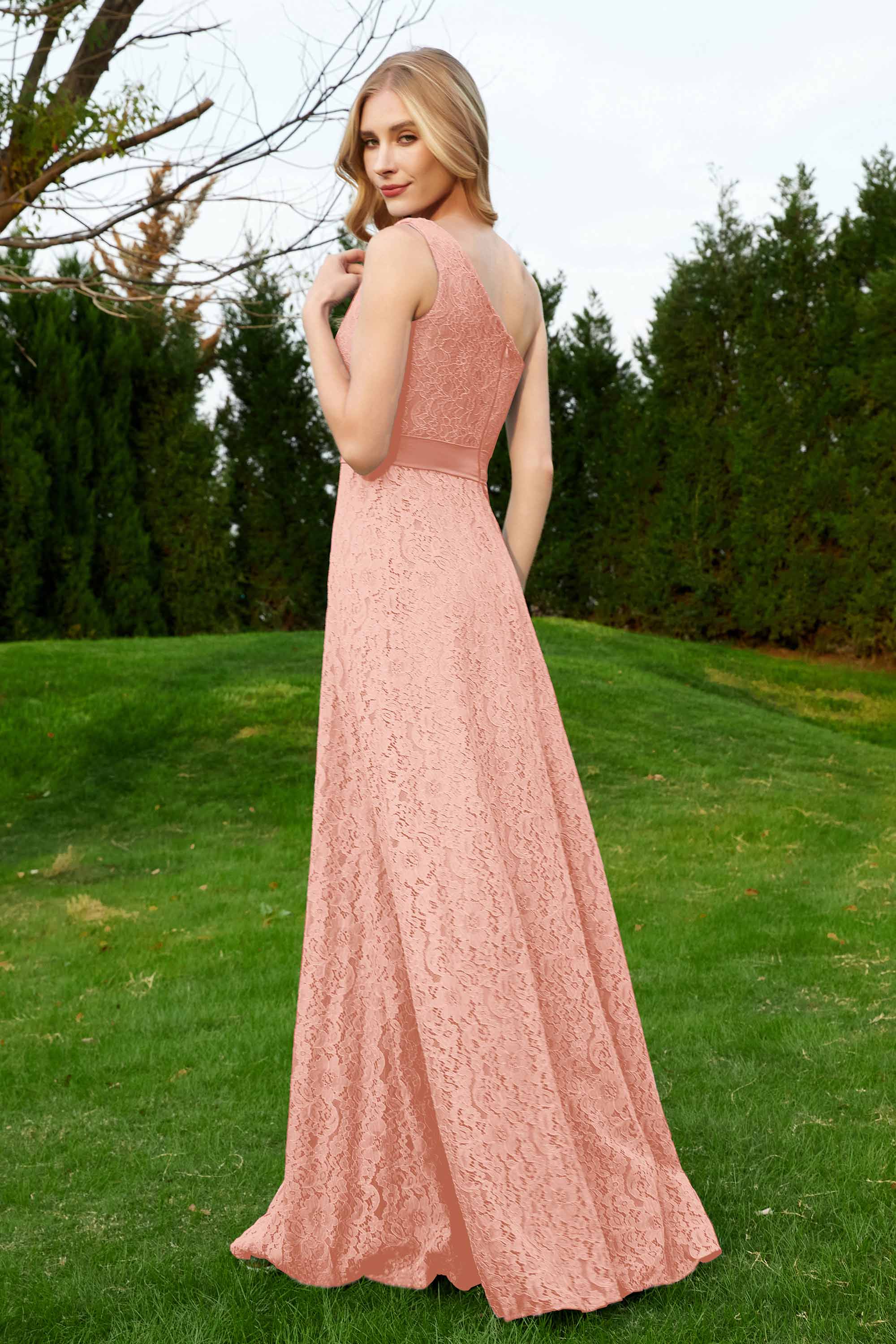 One Shoulder Sleeveless Lace Formal Evening Dresses Sash Ruched Bridesmaid Party Gowns