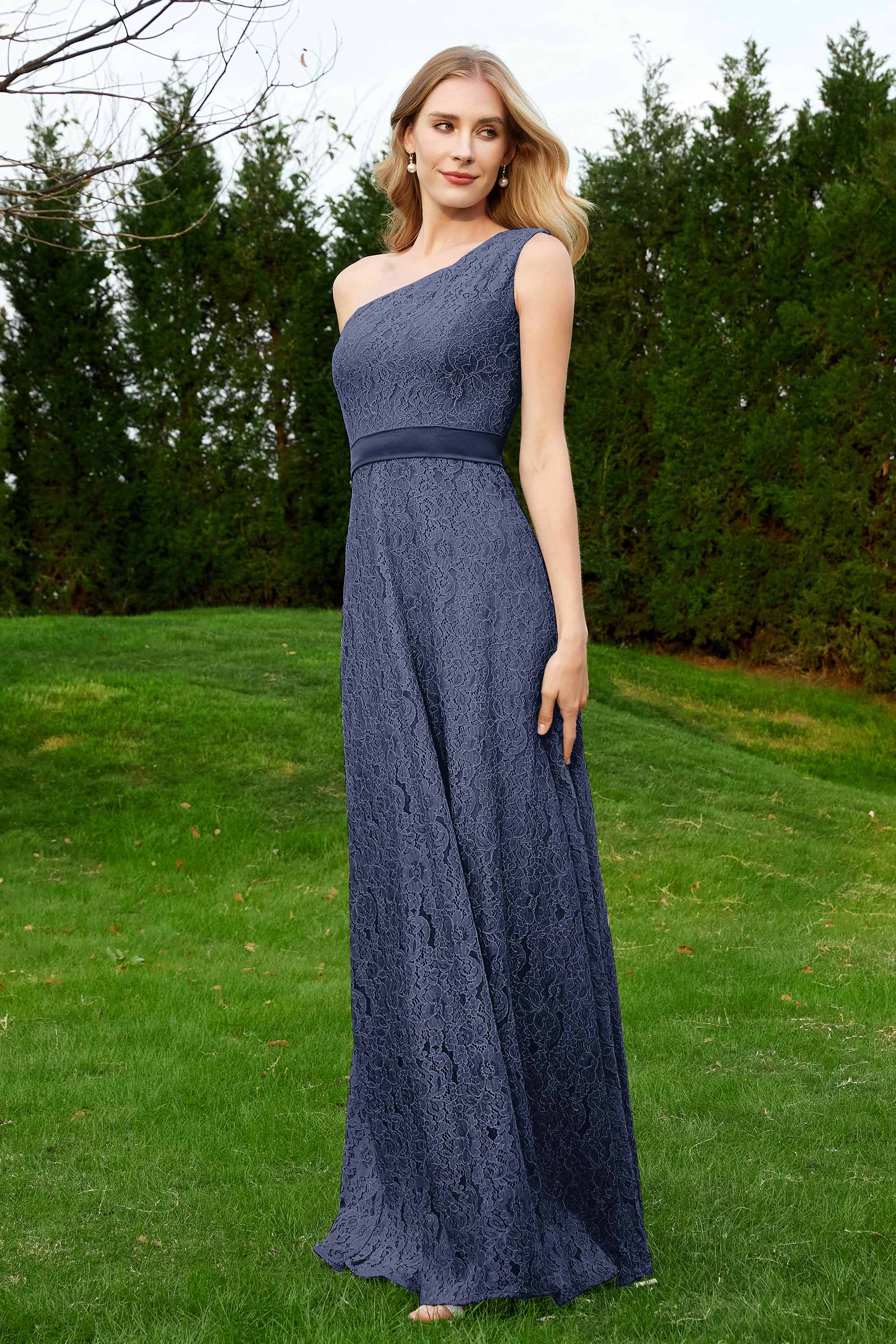 One Shoulder Sleeveless Lace Formal Evening Dresses Sash Ruched Bridesmaid Party Gowns