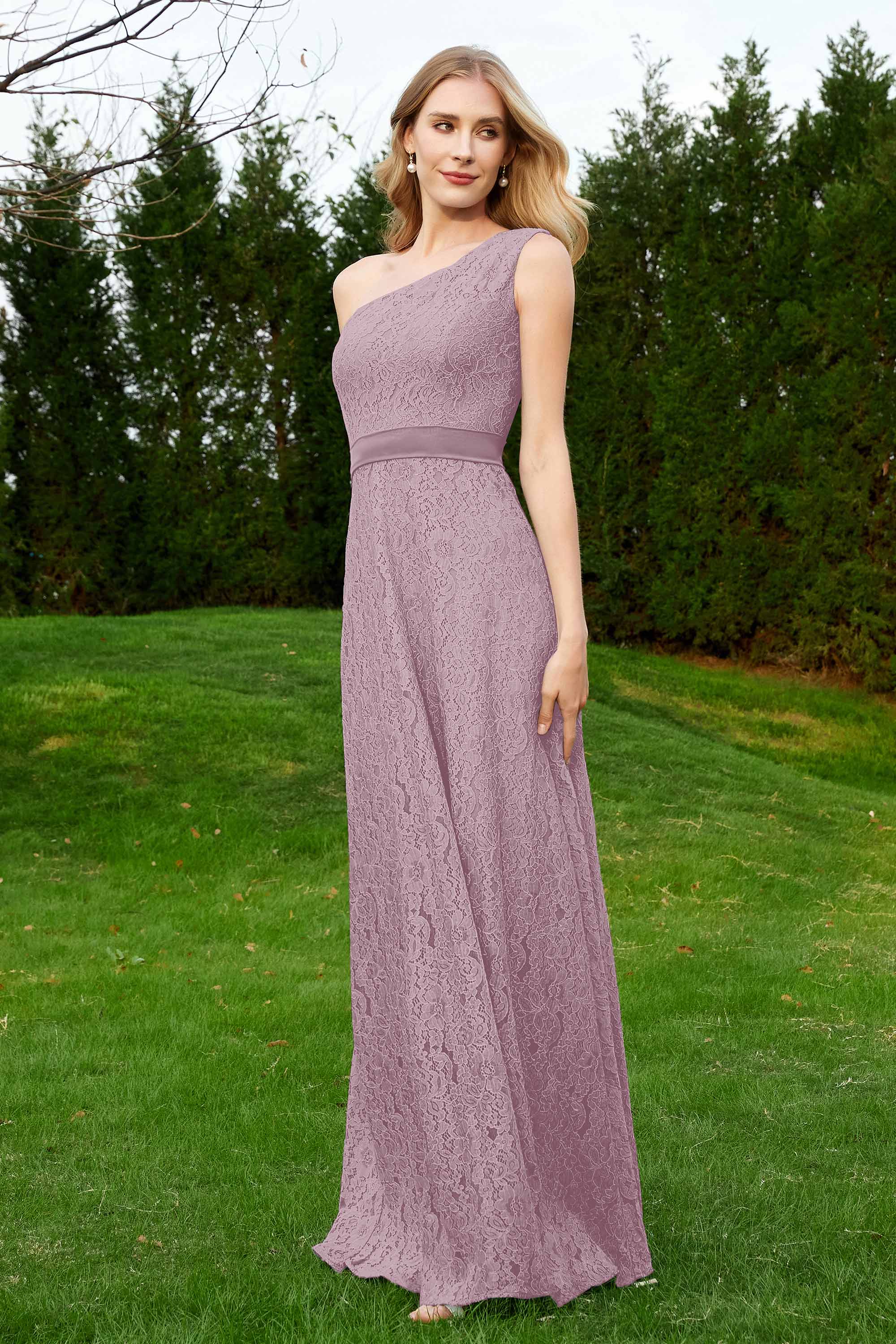 One Shoulder Sleeveless Lace Formal Evening Dresses Sash Ruched Bridesmaid Party Gowns