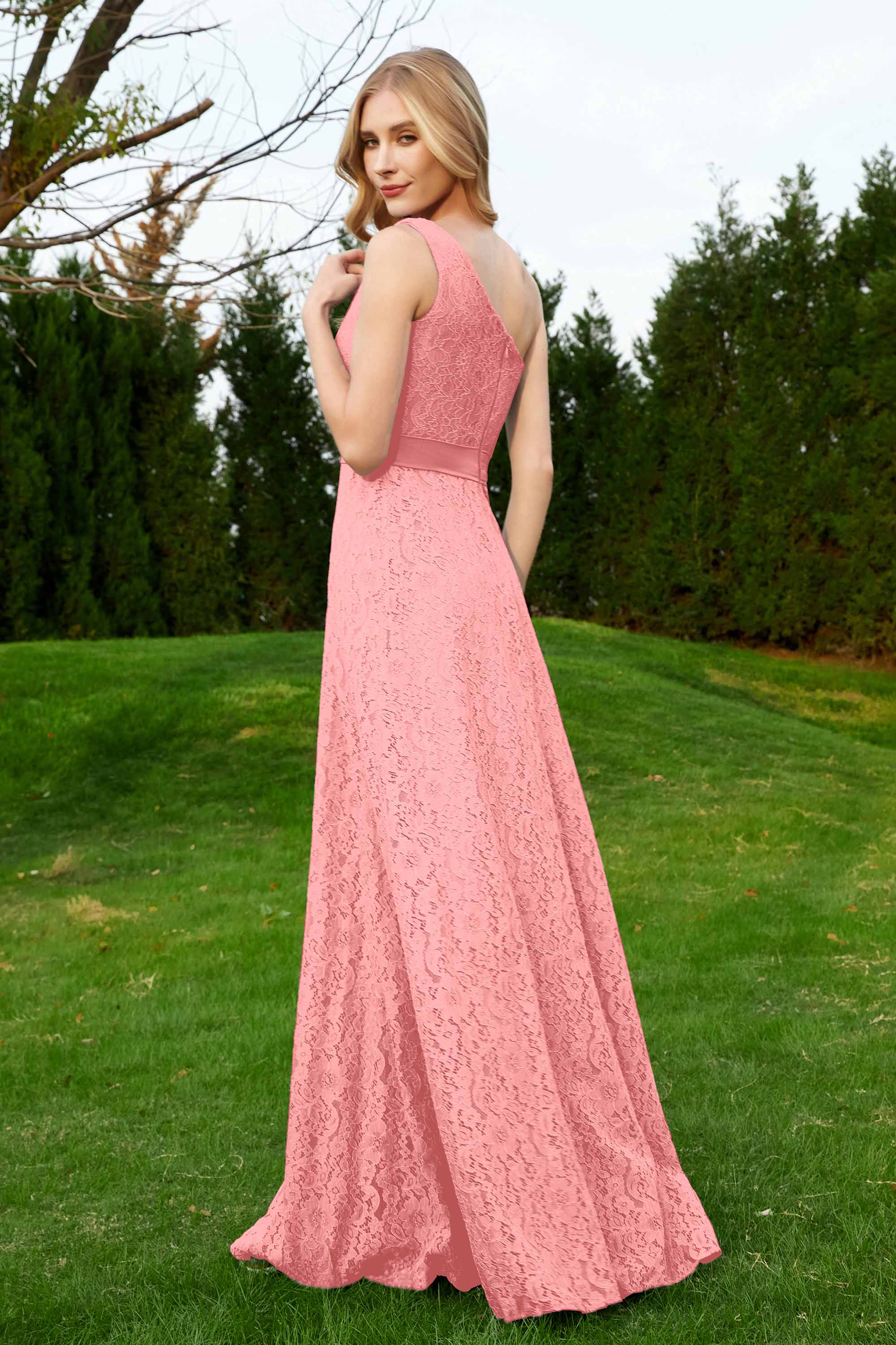 One Shoulder Sleeveless Lace Formal Evening Dresses Sash Ruched Bridesmaid Party Gowns