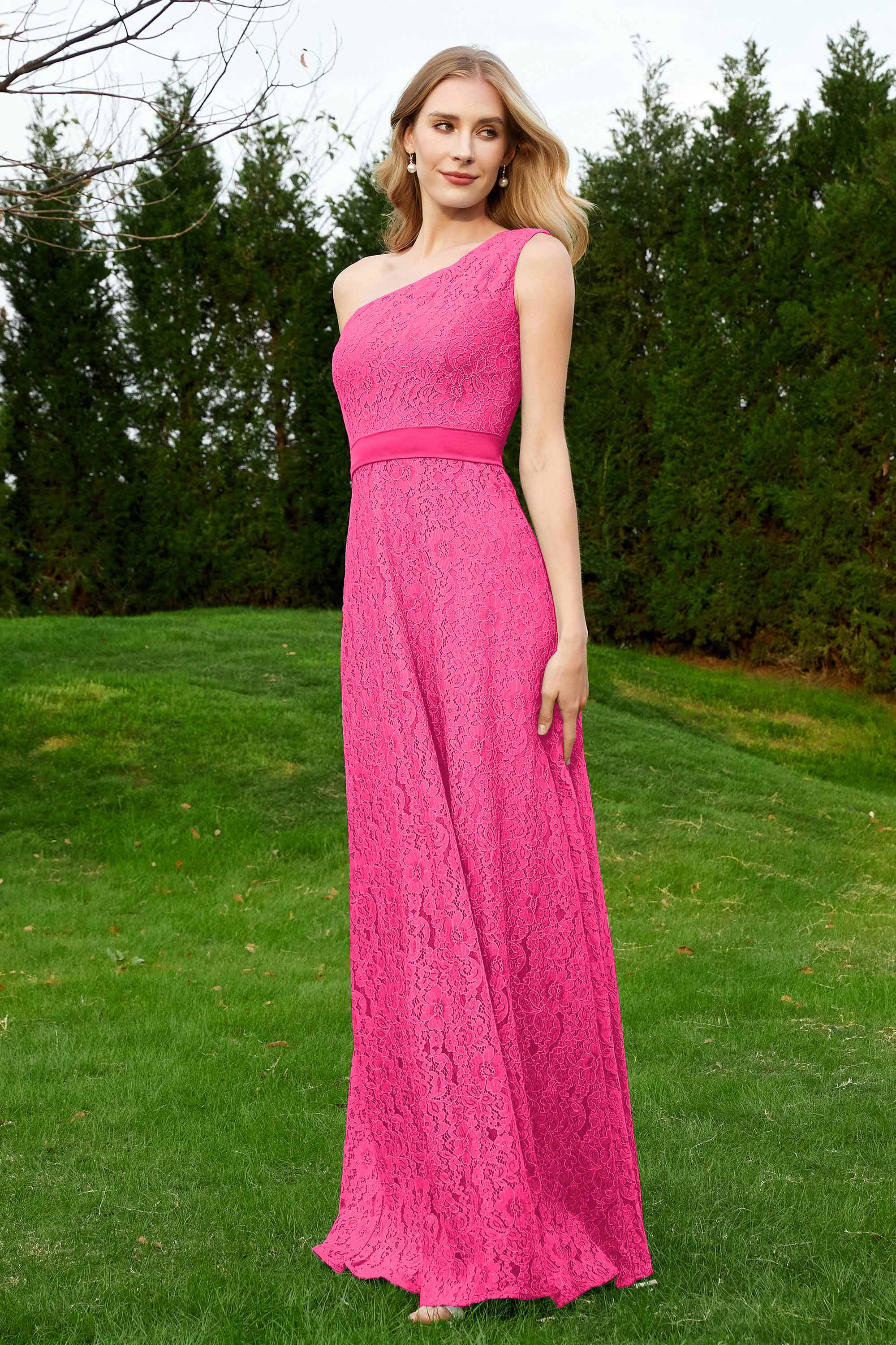 One Shoulder Sleeveless Lace Formal Evening Dresses Sash Ruched Bridesmaid Party Gowns