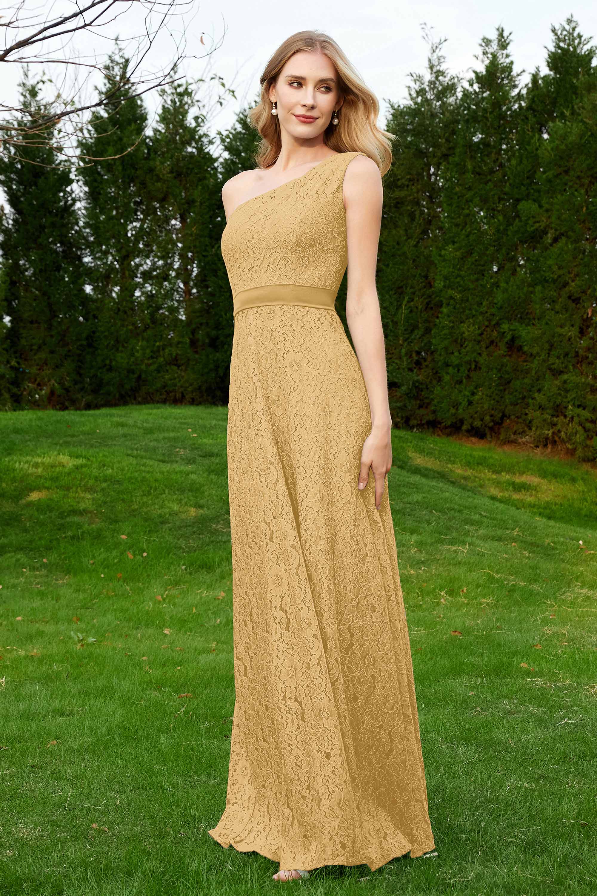 One Shoulder Sleeveless Lace Formal Evening Dresses Sash Ruched Bridesmaid Party Gowns
