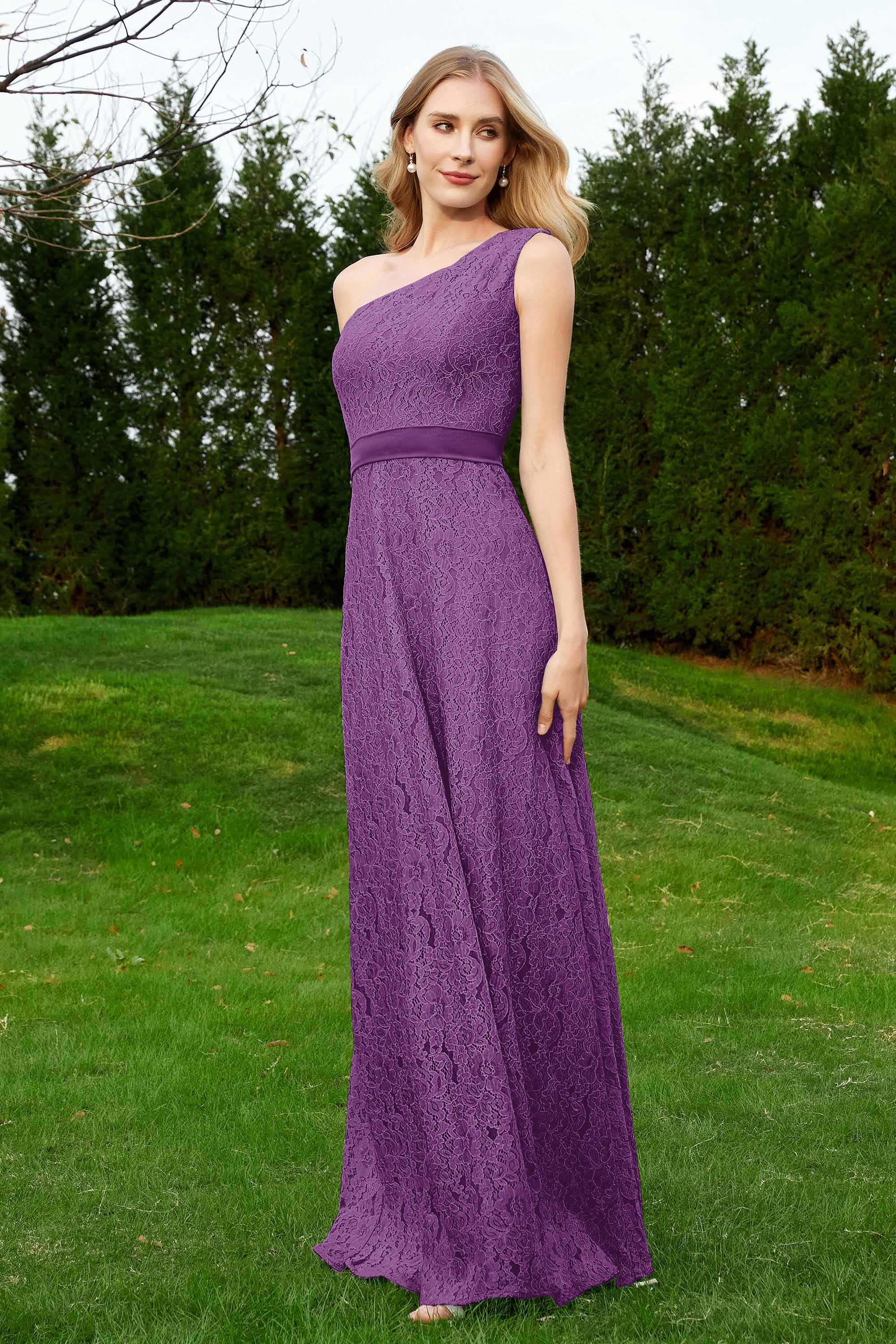 One Shoulder Sleeveless Lace Formal Evening Dresses Sash Ruched Bridesmaid Party Gowns