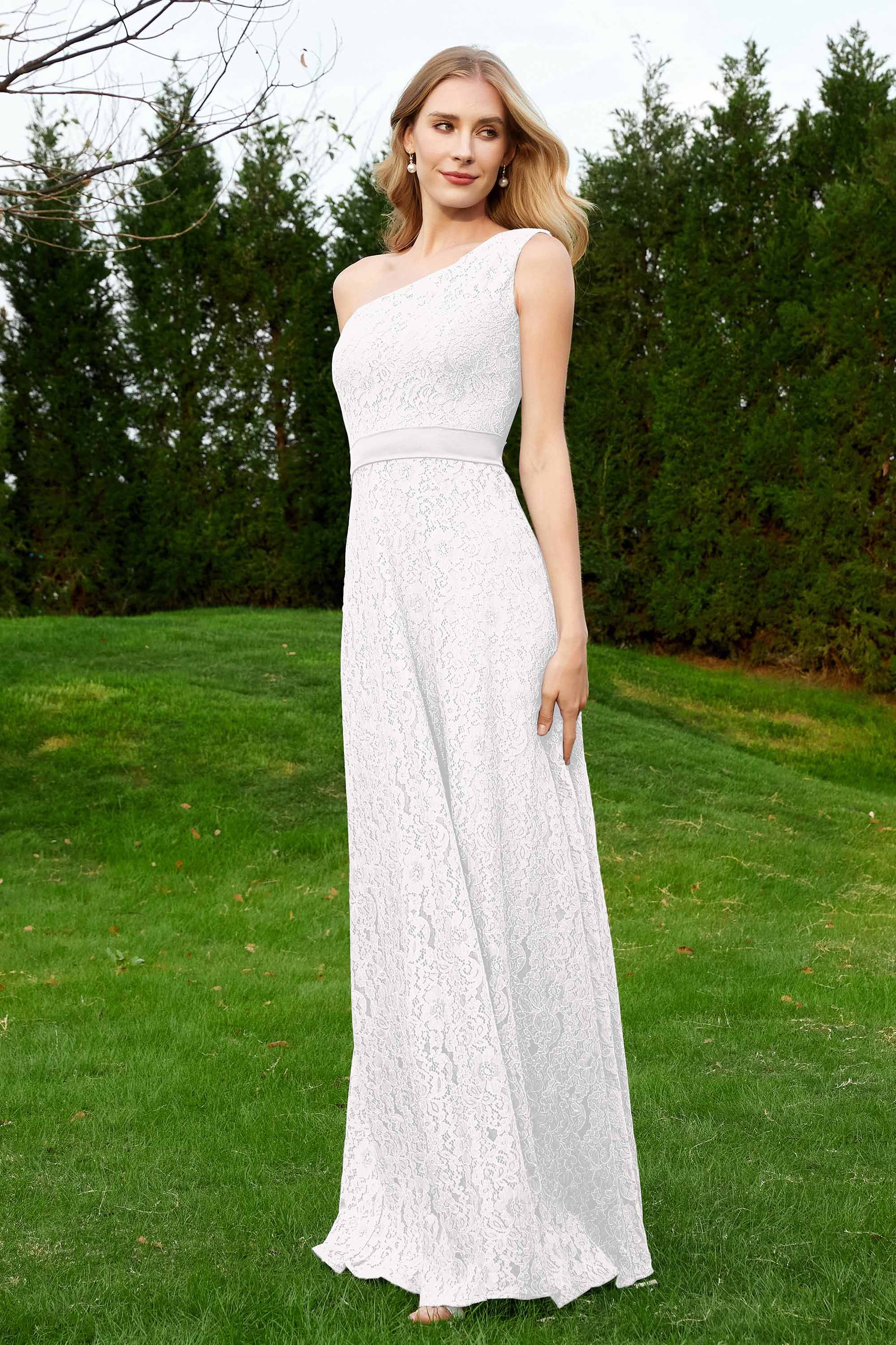 One Shoulder Sleeveless Lace Formal Evening Dresses Sash Ruched Bridesmaid Party Gowns