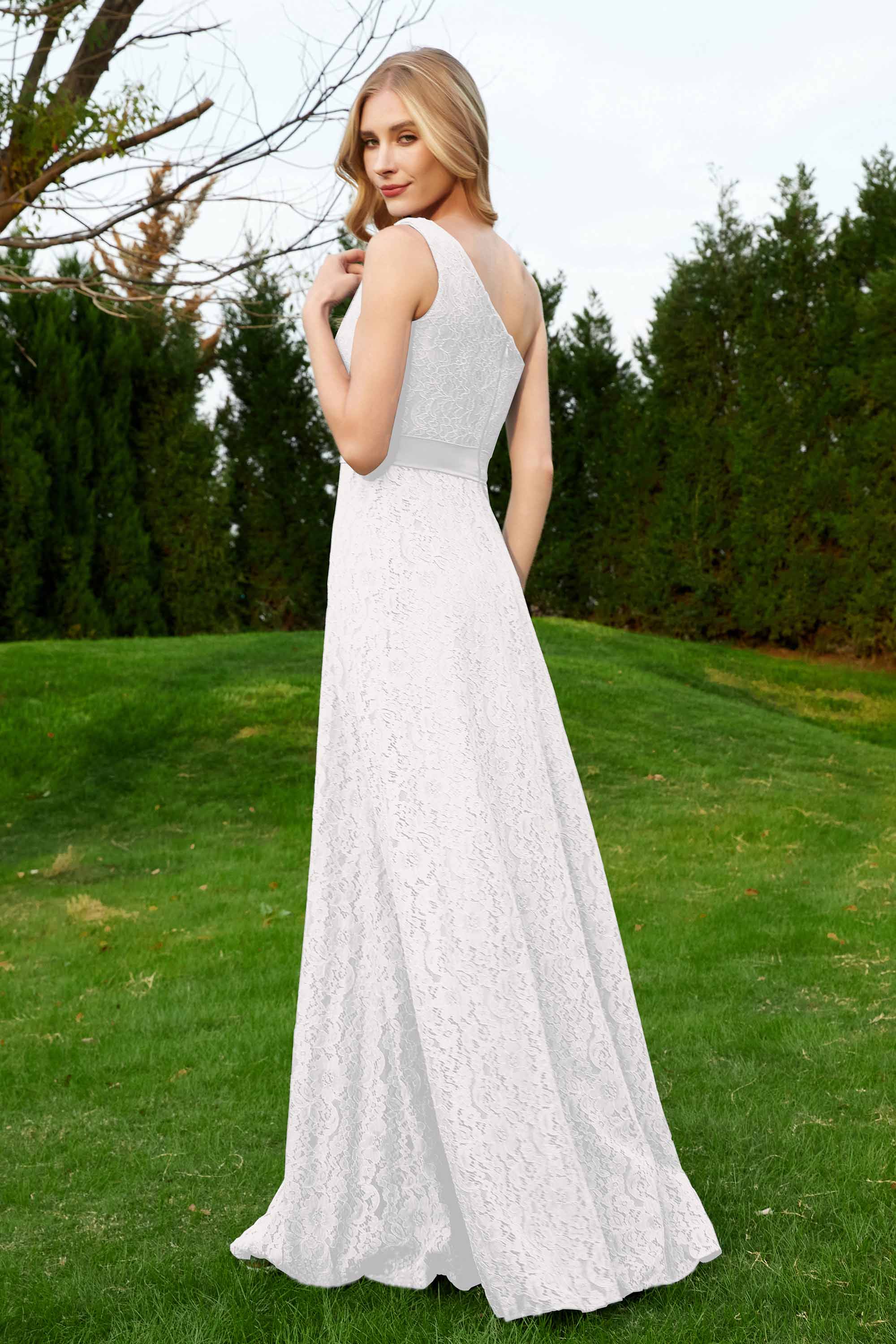 One Shoulder Sleeveless Lace Formal Evening Dresses Sash Ruched Bridesmaid Party Gowns