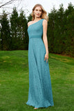 One Shoulder Sleeveless Lace Formal Evening Dresses Sash Ruched Bridesmaid Party Gowns