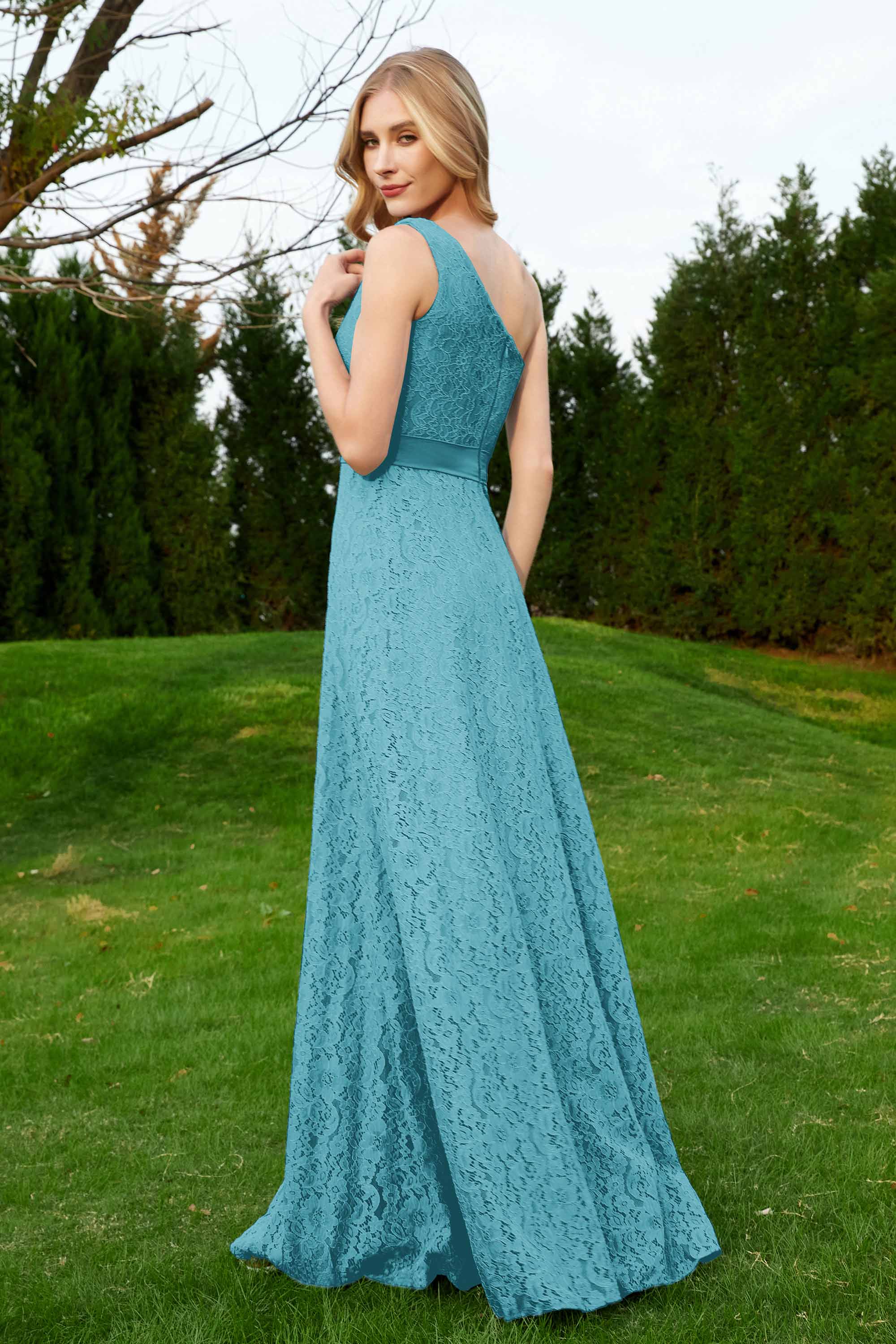 One Shoulder Sleeveless Lace Formal Evening Dresses Sash Ruched Bridesmaid Party Gowns