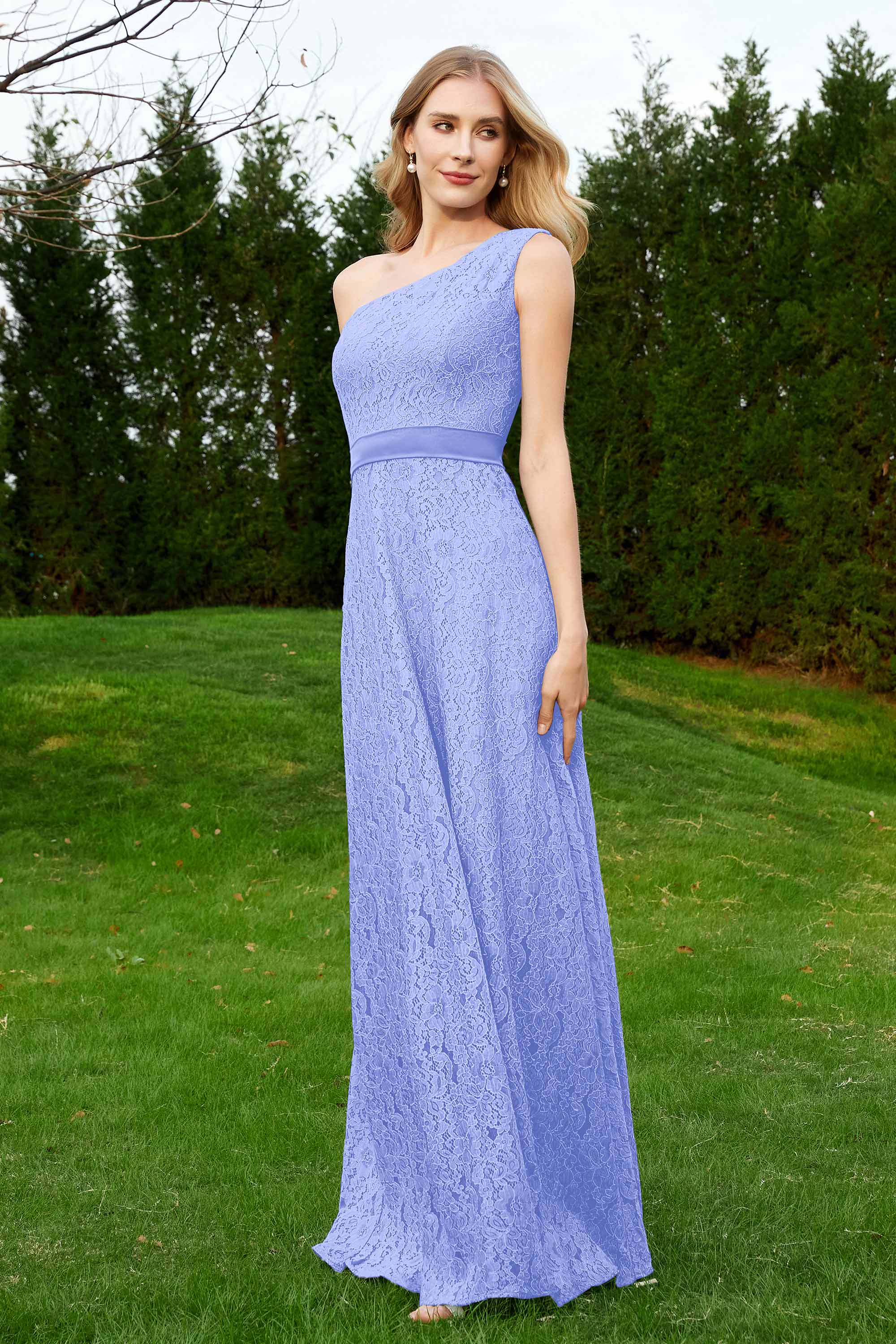 One Shoulder Sleeveless Lace Formal Evening Dresses Sash Ruched Bridesmaid Party Gowns