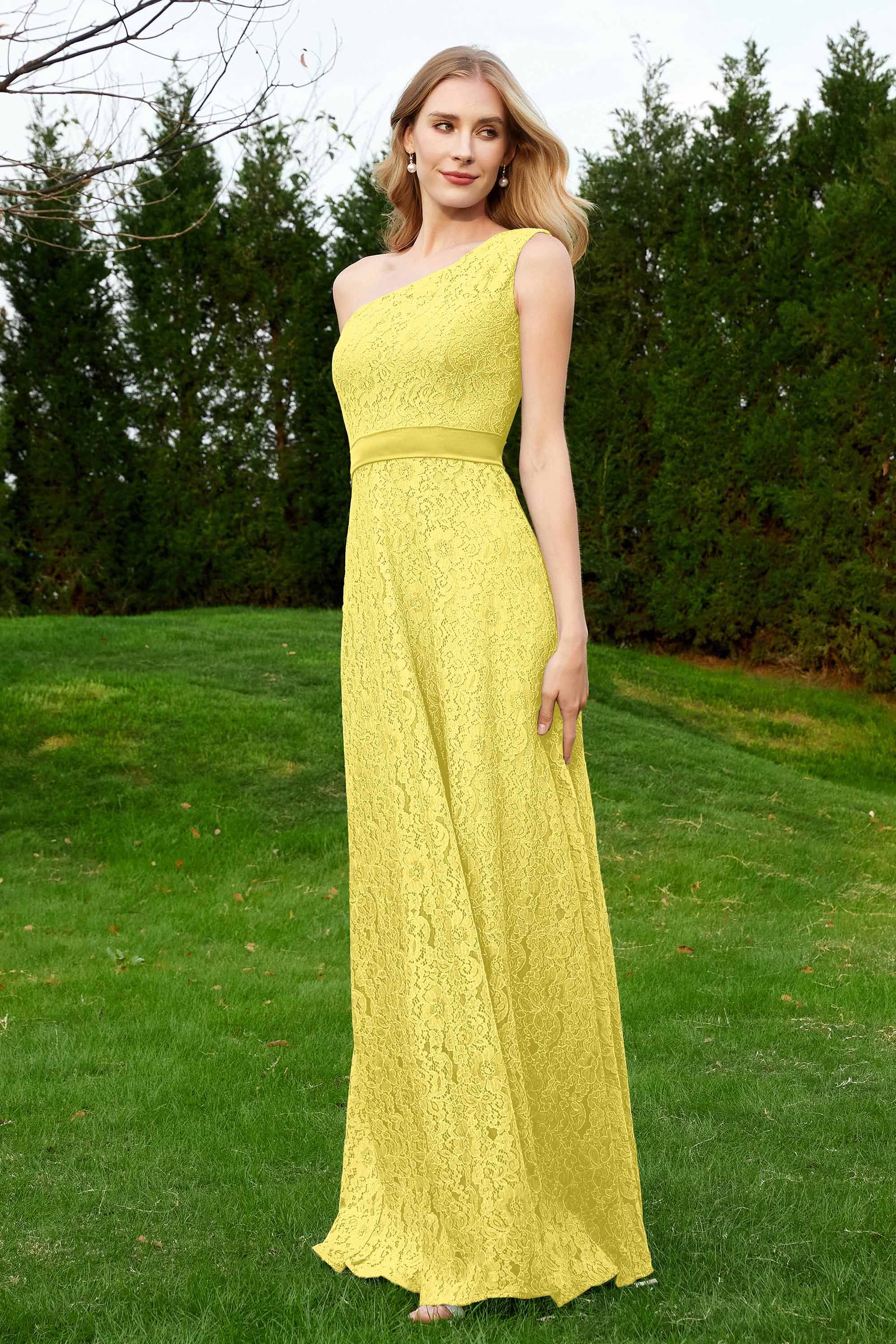 One Shoulder Sleeveless Lace Formal Evening Dresses Sash Ruched Bridesmaid Party Gowns