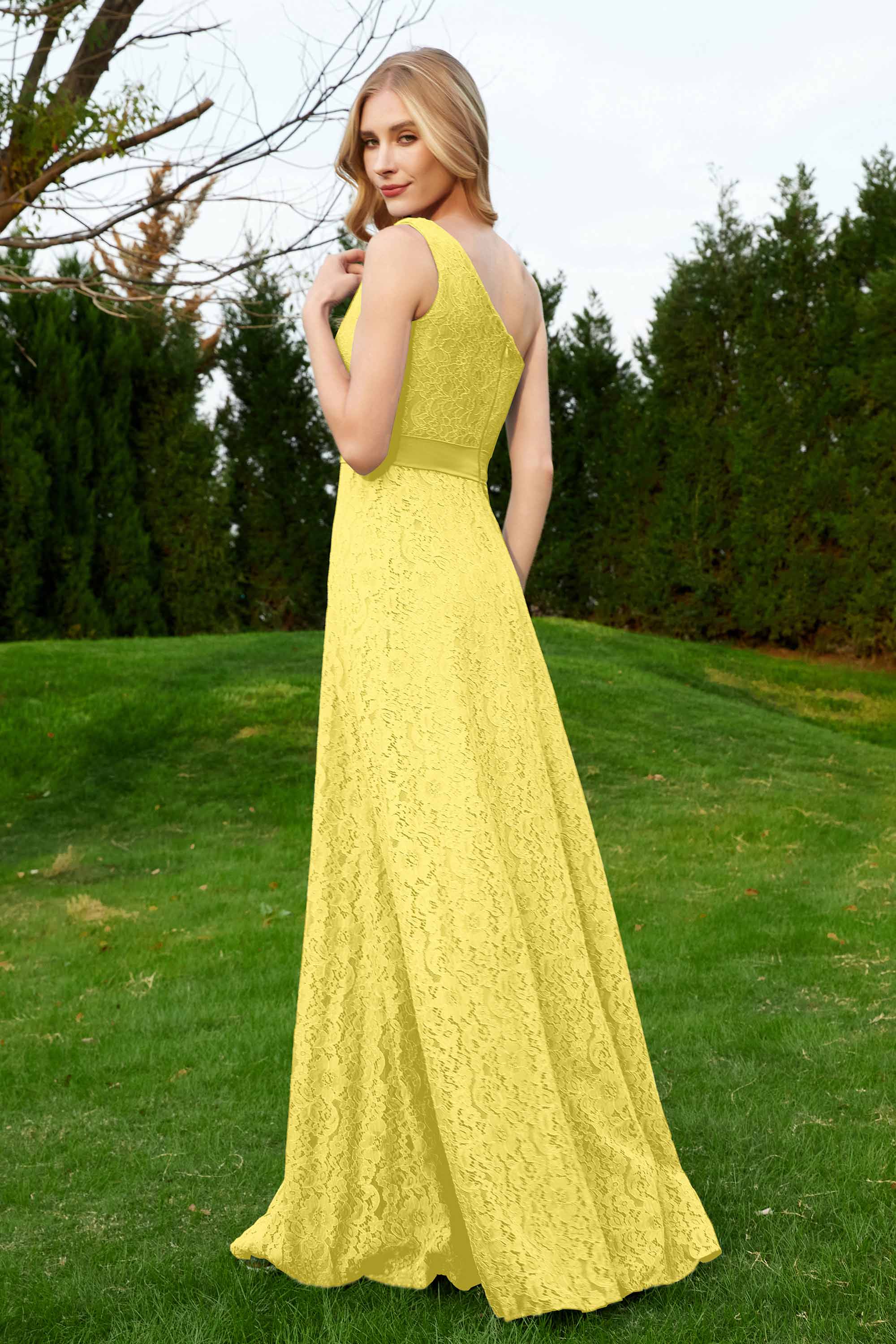One Shoulder Sleeveless Lace Formal Evening Dresses Sash Ruched Bridesmaid Party Gowns