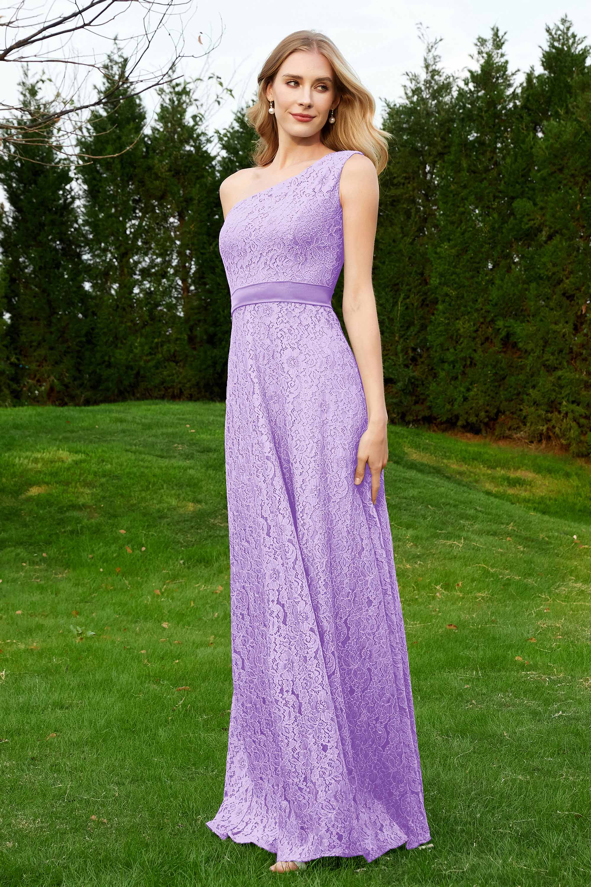 One Shoulder Sleeveless Lace Formal Evening Dresses Sash Ruched Bridesmaid Party Gowns