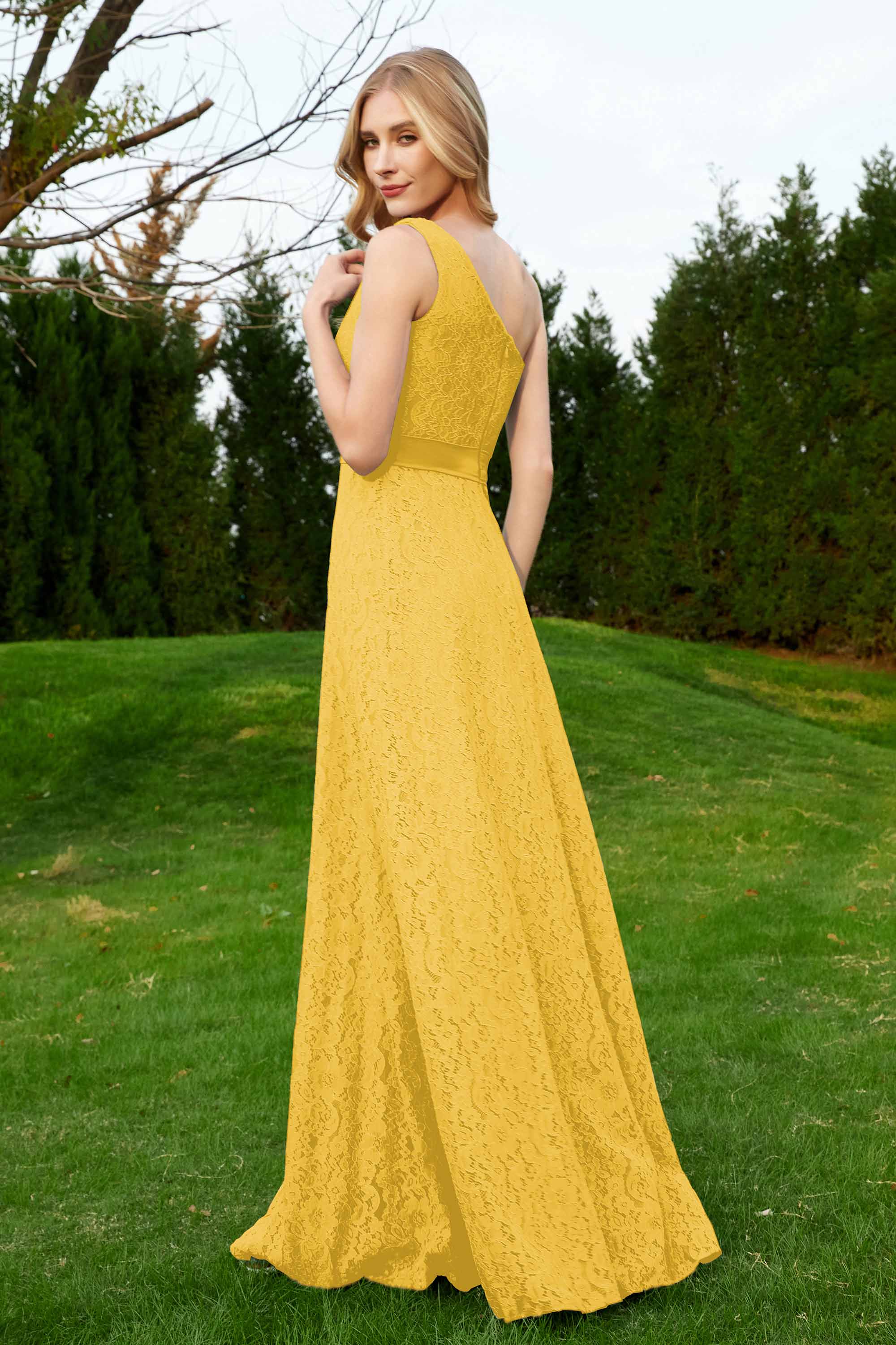 One Shoulder Sleeveless Lace Formal Evening Dresses Sash Ruched Bridesmaid Party Gowns
