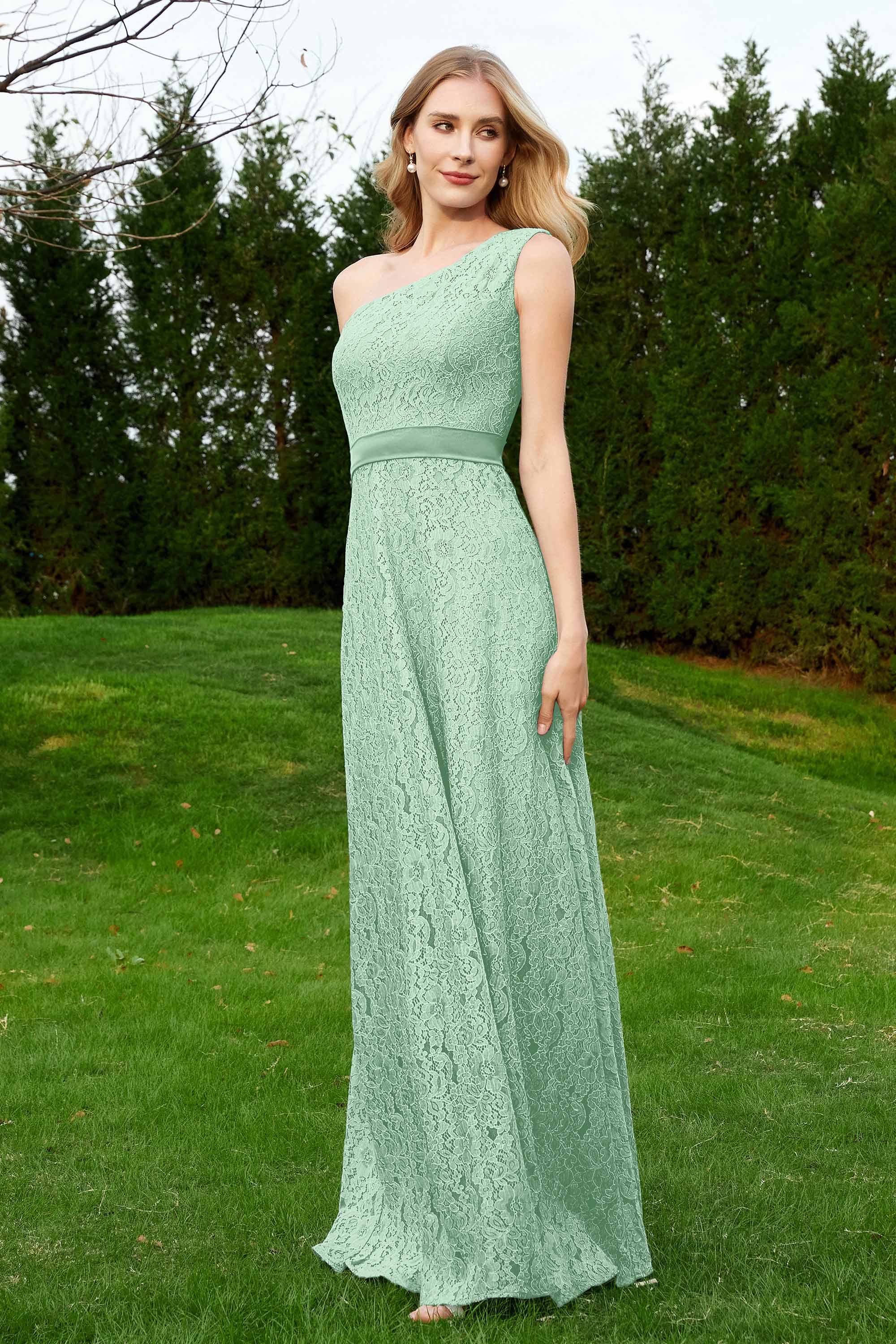 One Shoulder Sleeveless Lace Formal Evening Dresses Sash Ruched Bridesmaid Party Gowns
