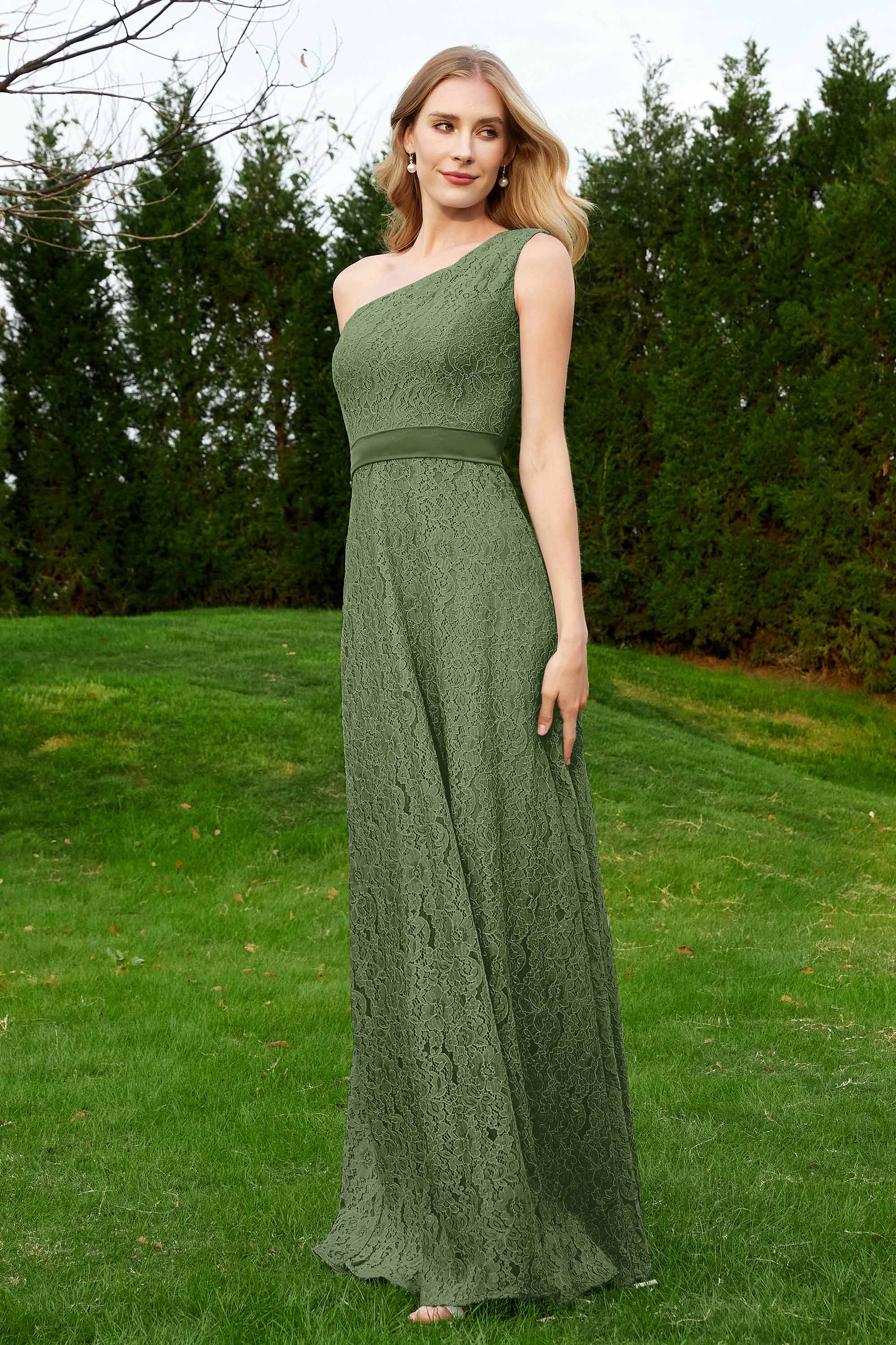 One Shoulder Sleeveless Lace Formal Evening Dresses Sash Ruched Bridesmaid Party Gowns