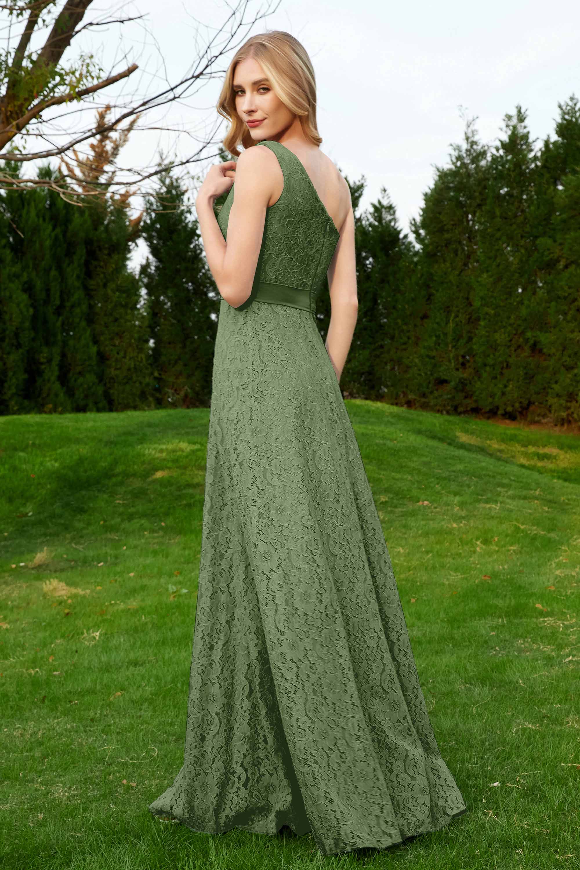 One Shoulder Sleeveless Lace Formal Evening Dresses Sash Ruched Bridesmaid Party Gowns