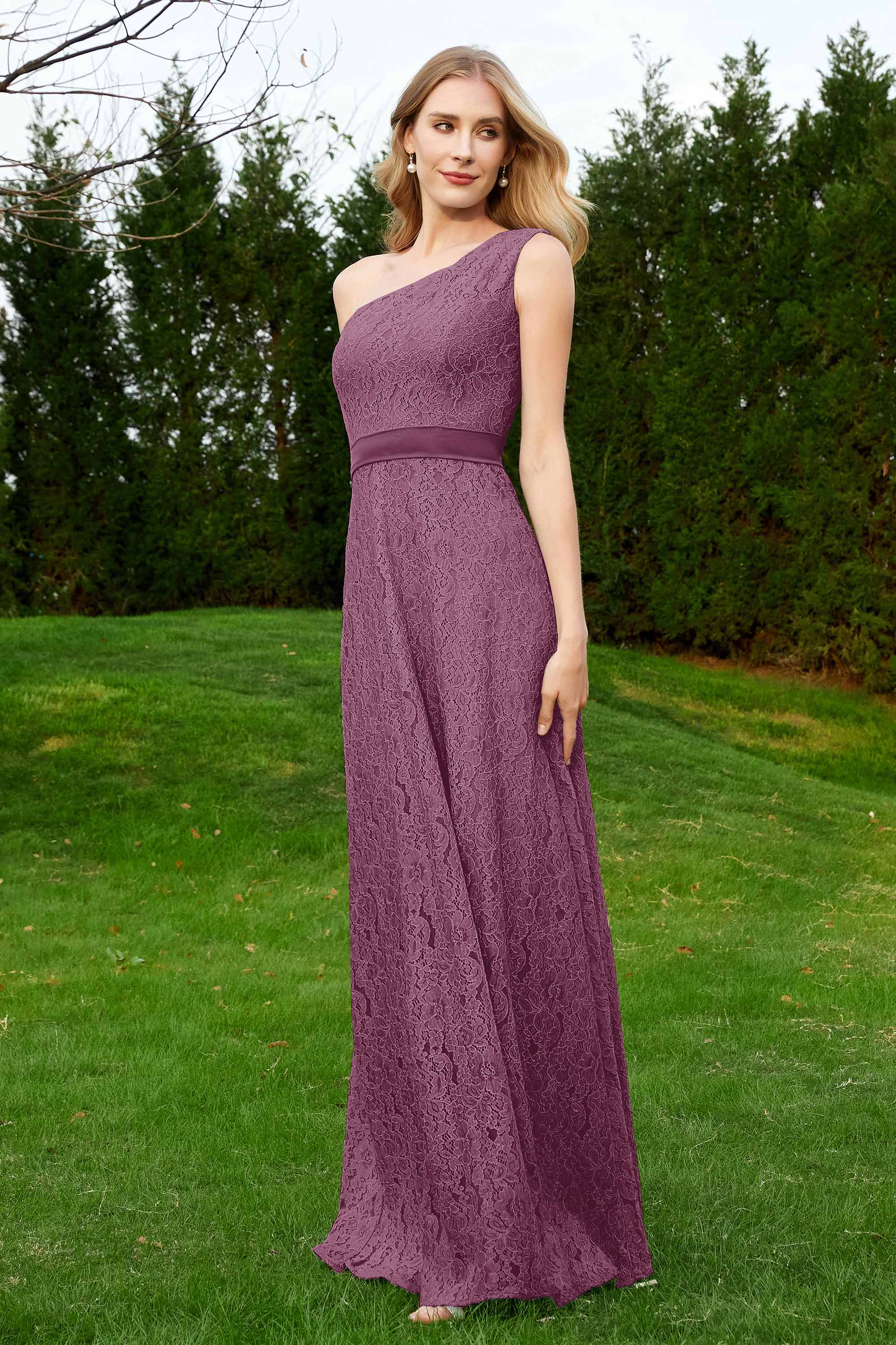 One Shoulder Sleeveless Lace Formal Evening Dresses Sash Ruched Bridesmaid Party Gowns