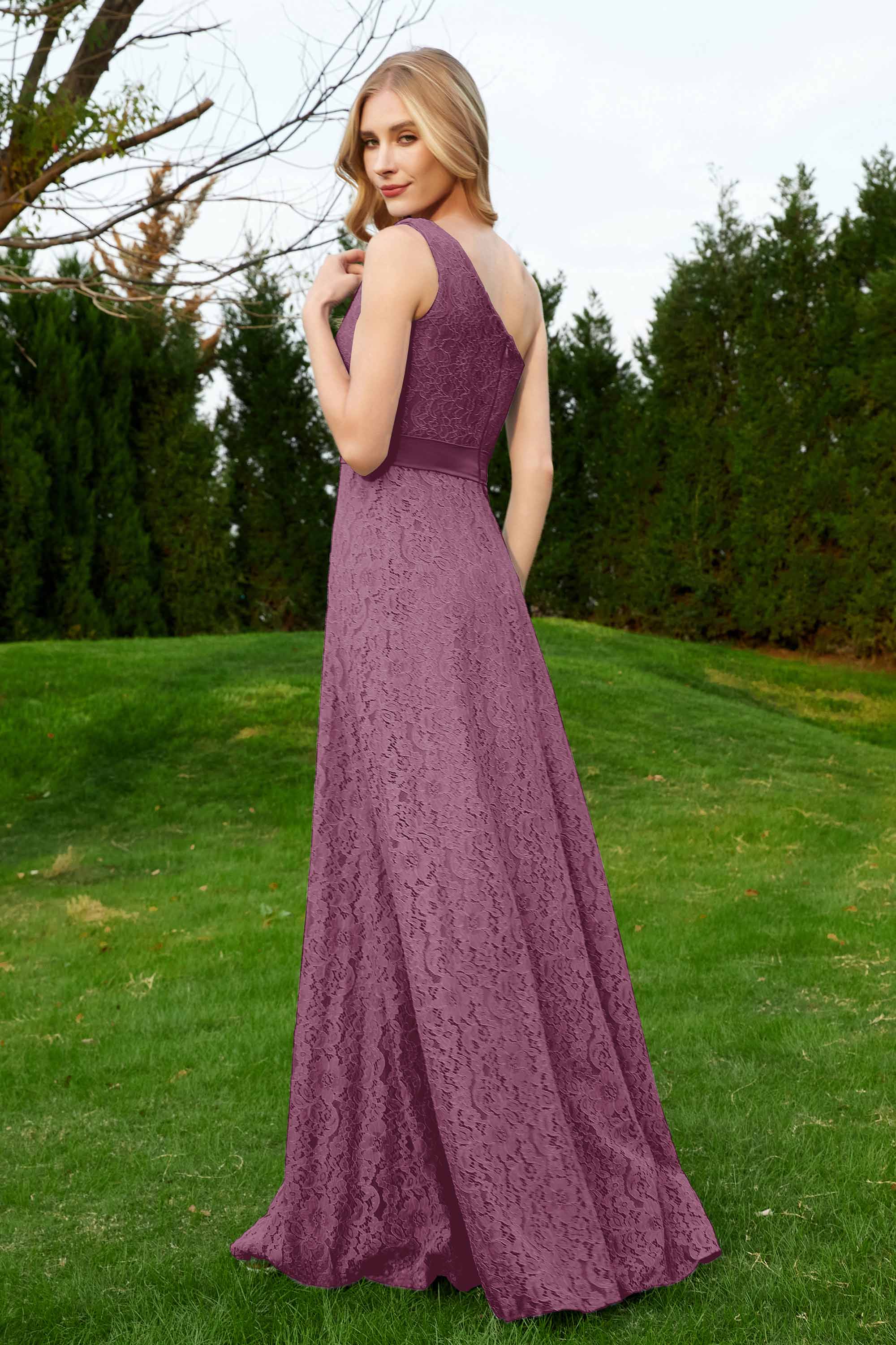 One Shoulder Sleeveless Lace Formal Evening Dresses Sash Ruched Bridesmaid Party Gowns