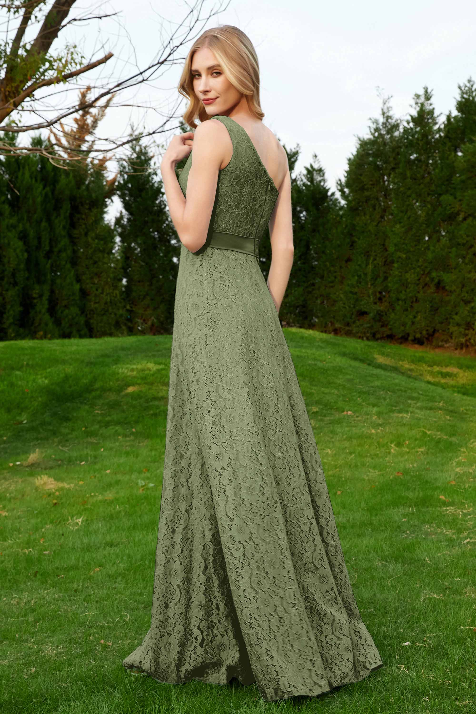 One Shoulder Sleeveless Lace Formal Evening Dresses Sash Ruched Bridesmaid Party Gowns