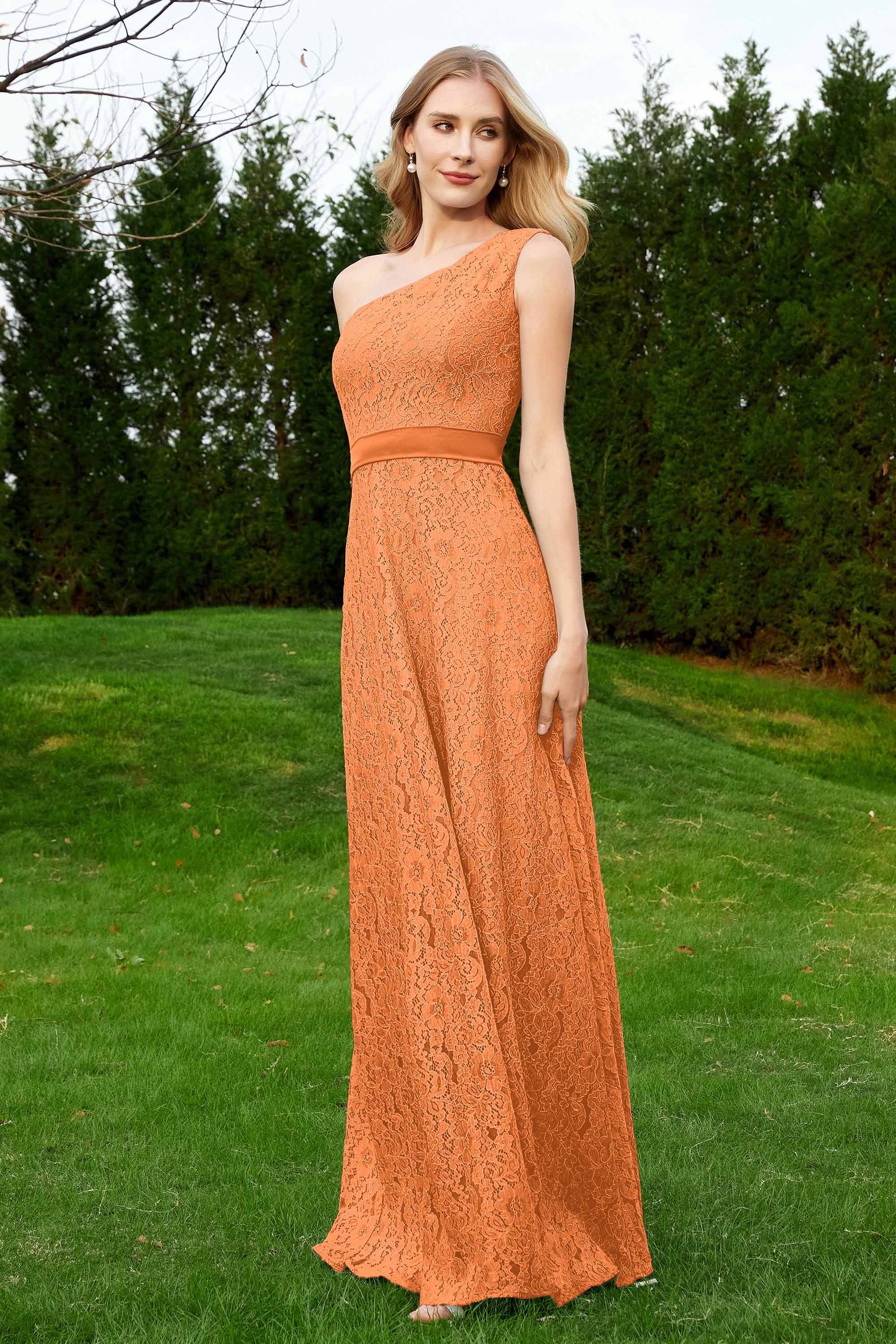 One Shoulder Sleeveless Lace Formal Evening Dresses Sash Ruched Bridesmaid Party Gowns