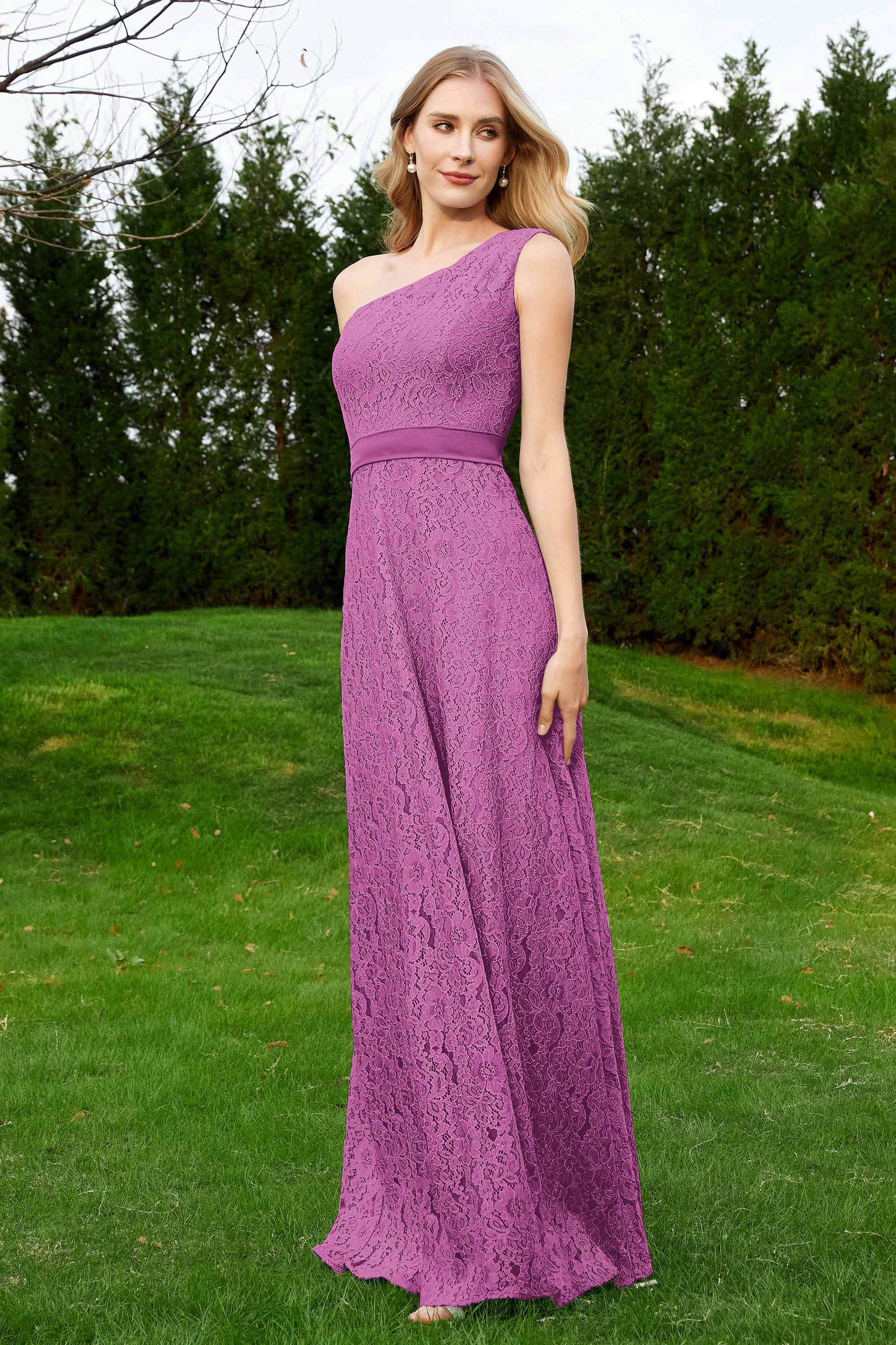 One Shoulder Sleeveless Lace Formal Evening Dresses Sash Ruched Bridesmaid Party Gowns