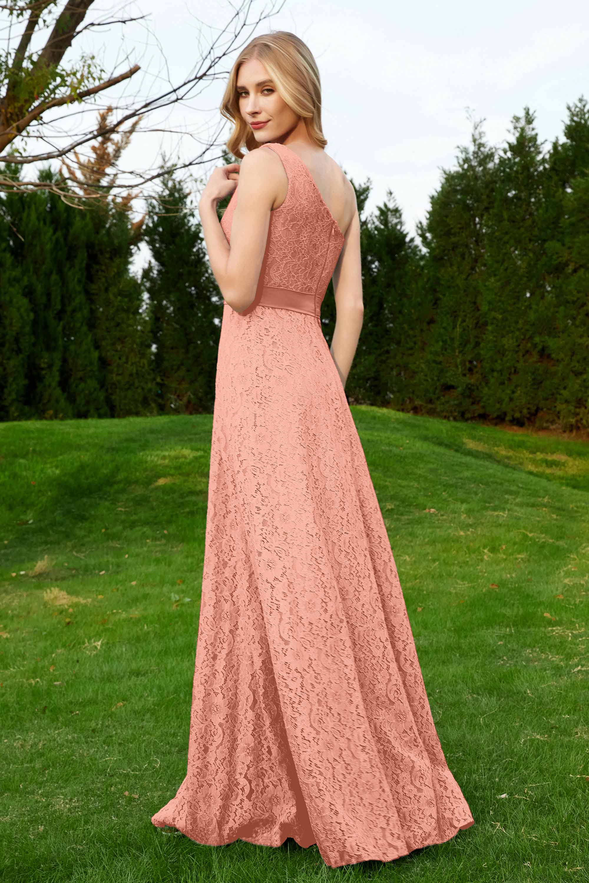 One Shoulder Sleeveless Lace Formal Evening Dresses Sash Ruched Bridesmaid Party Gowns