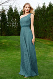 One Shoulder Sleeveless Lace Formal Evening Dresses Sash Ruched Bridesmaid Party Gowns
